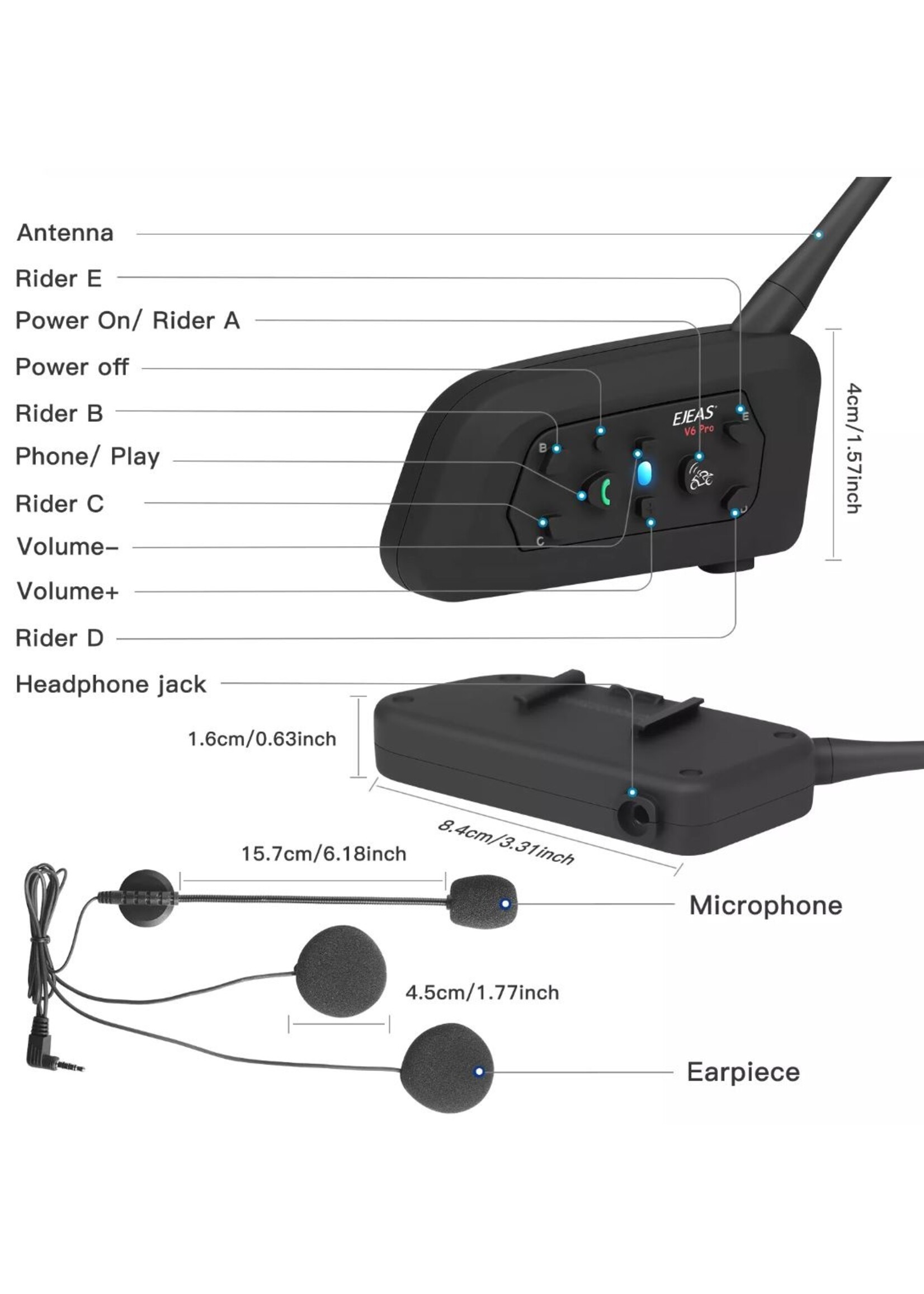 EJEAS EJEAS Waterproof V6 pro full duplex bluetooth helm intercom headset interphone voor motorfiets