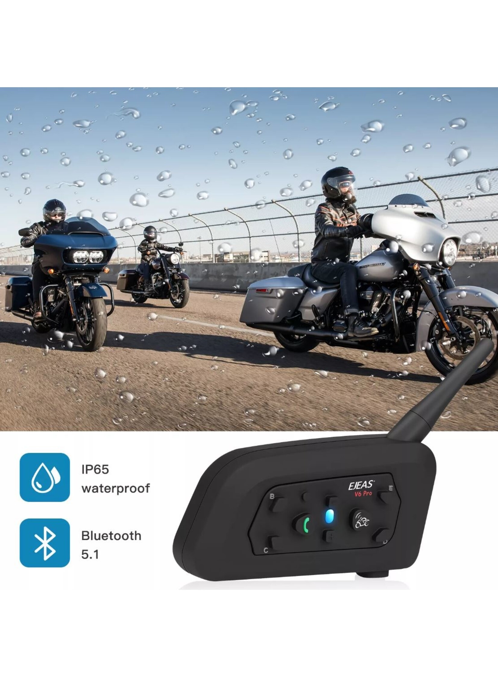 EJEAS EJEAS Waterproof V6 pro full duplex bluetooth helm intercom headset interphone voor motorfiets