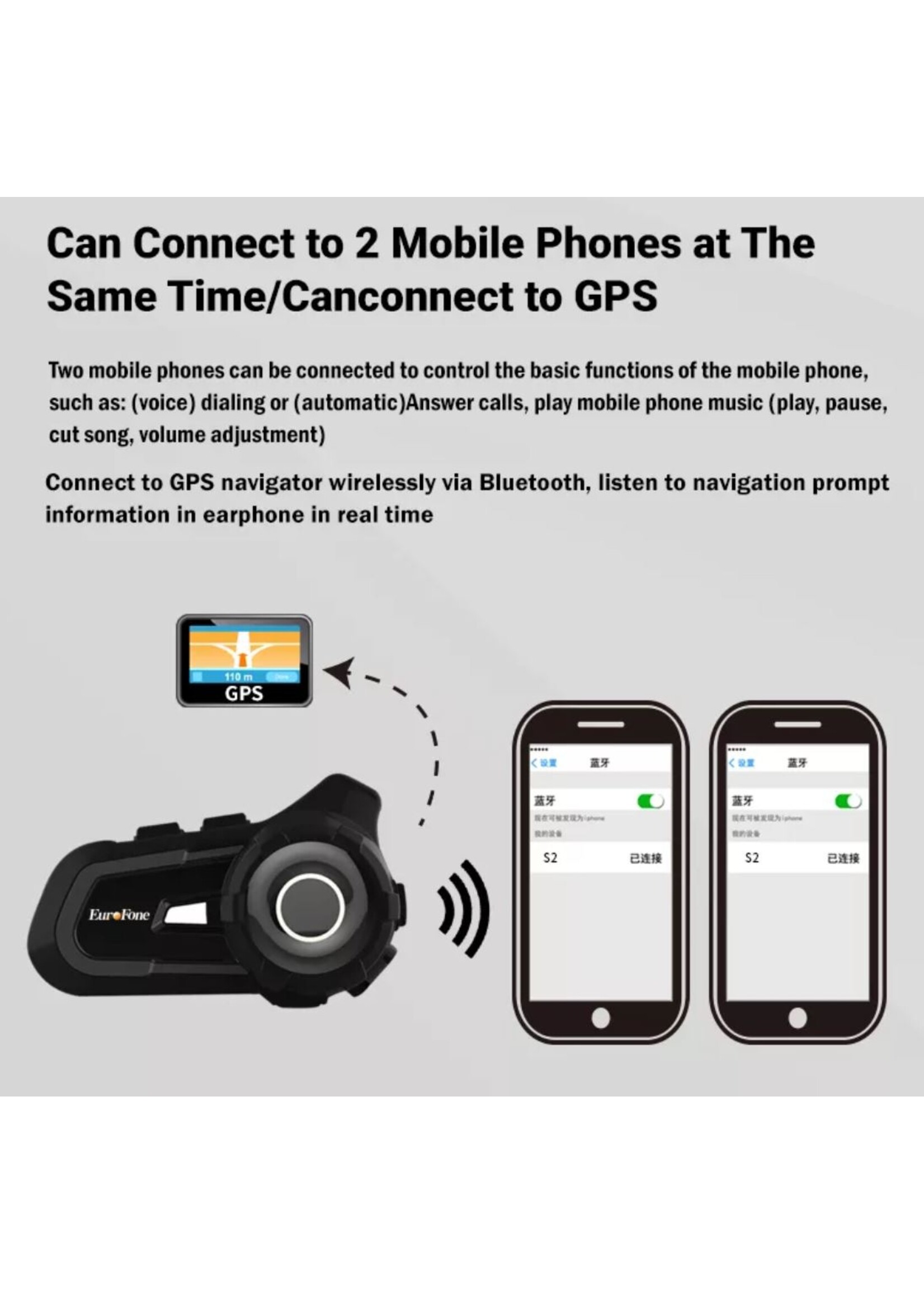 HE Products EuroFone S2 Motorhelm Headset Bluetooth 5.1 1000M 2 Riders Intercom FM Radio Universele Koppeling Met Andere Merken Headset – Verschillende kleuren.