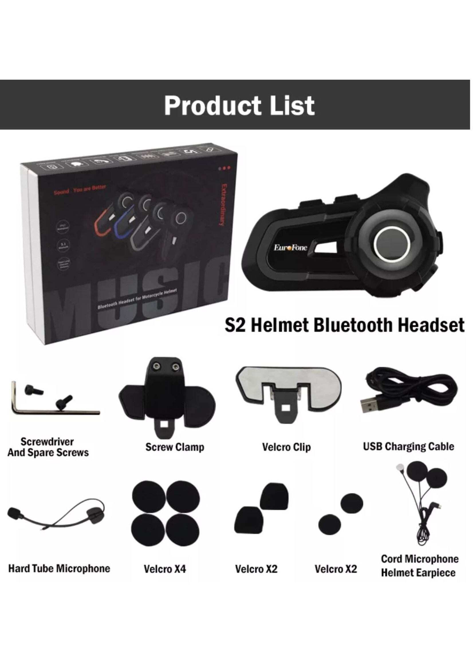 HE Products EuroFone S2 Motorhelm Headset Bluetooth 5.1 1000M 2 Riders Intercom FM Radio Universele Koppeling Met Andere Merken Headset – Verschillende kleuren.