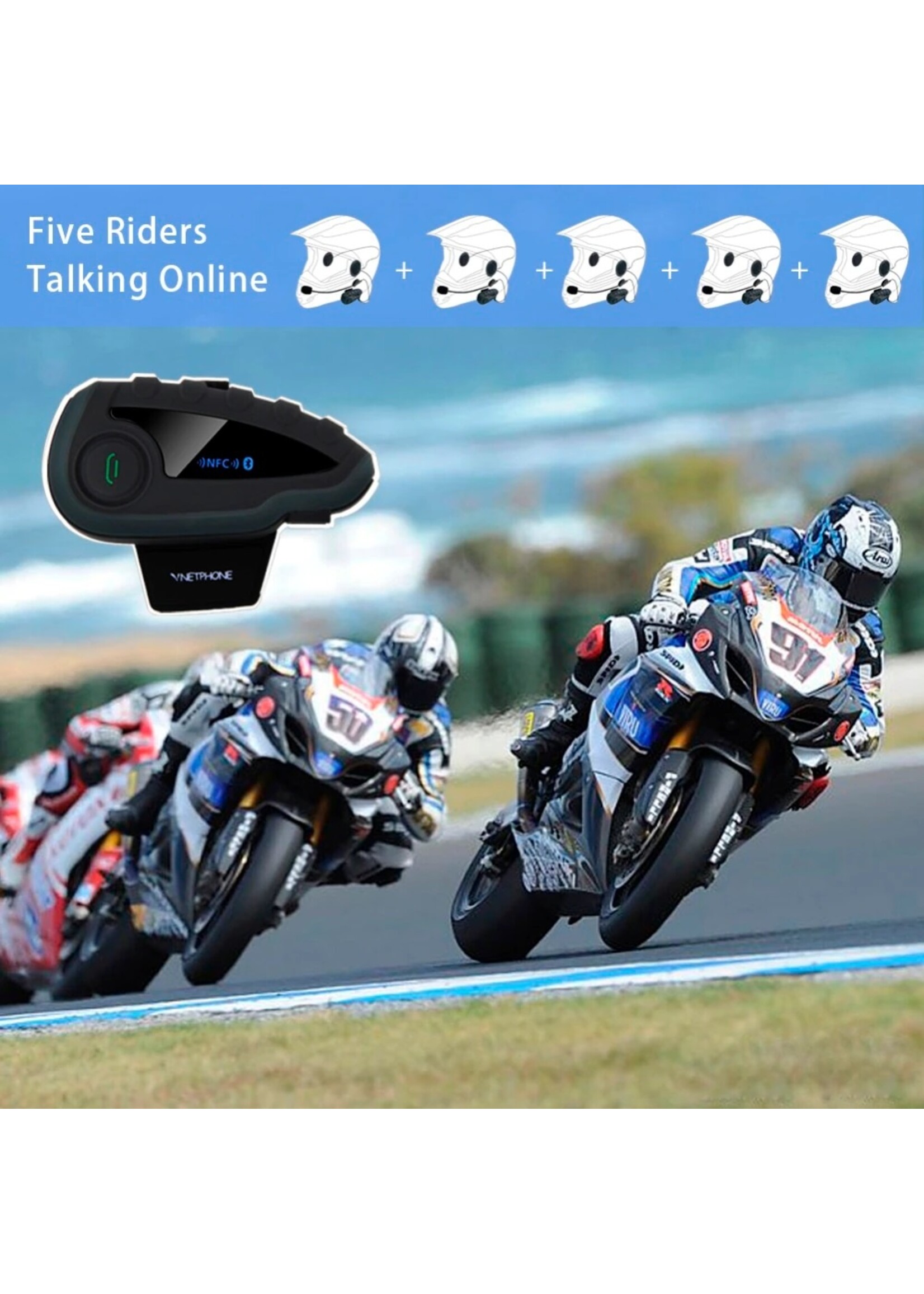 Vnetphone Vnetphone V8 1200M Bluetooth Intercom Motorhelm Interphone Headset NFC Afstandsbediening Full Duplex + FM