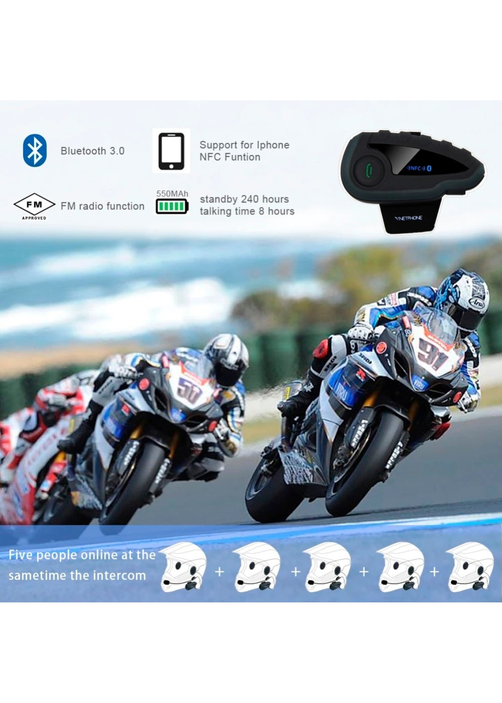 Vnetphone Vnetphone V8 1200M Bluetooth Intercom Motorhelm Interphone Headset NFC Afstandsbediening Full Duplex + FM