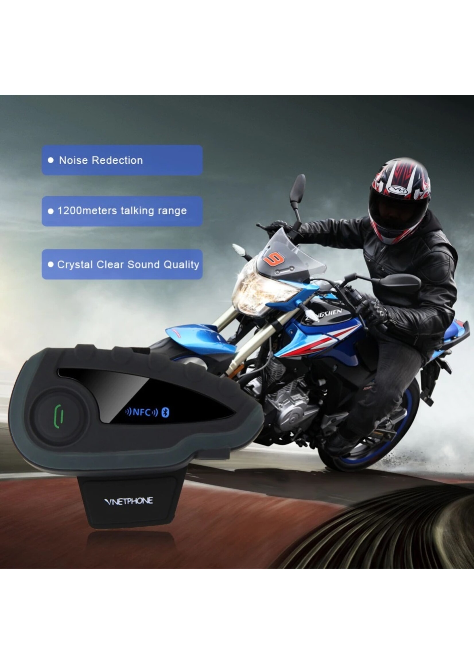 Vnetphone Vnetphone V8 1200M Bluetooth Intercom Motorhelm Interphone Headset NFC Afstandsbediening Full Duplex + FM