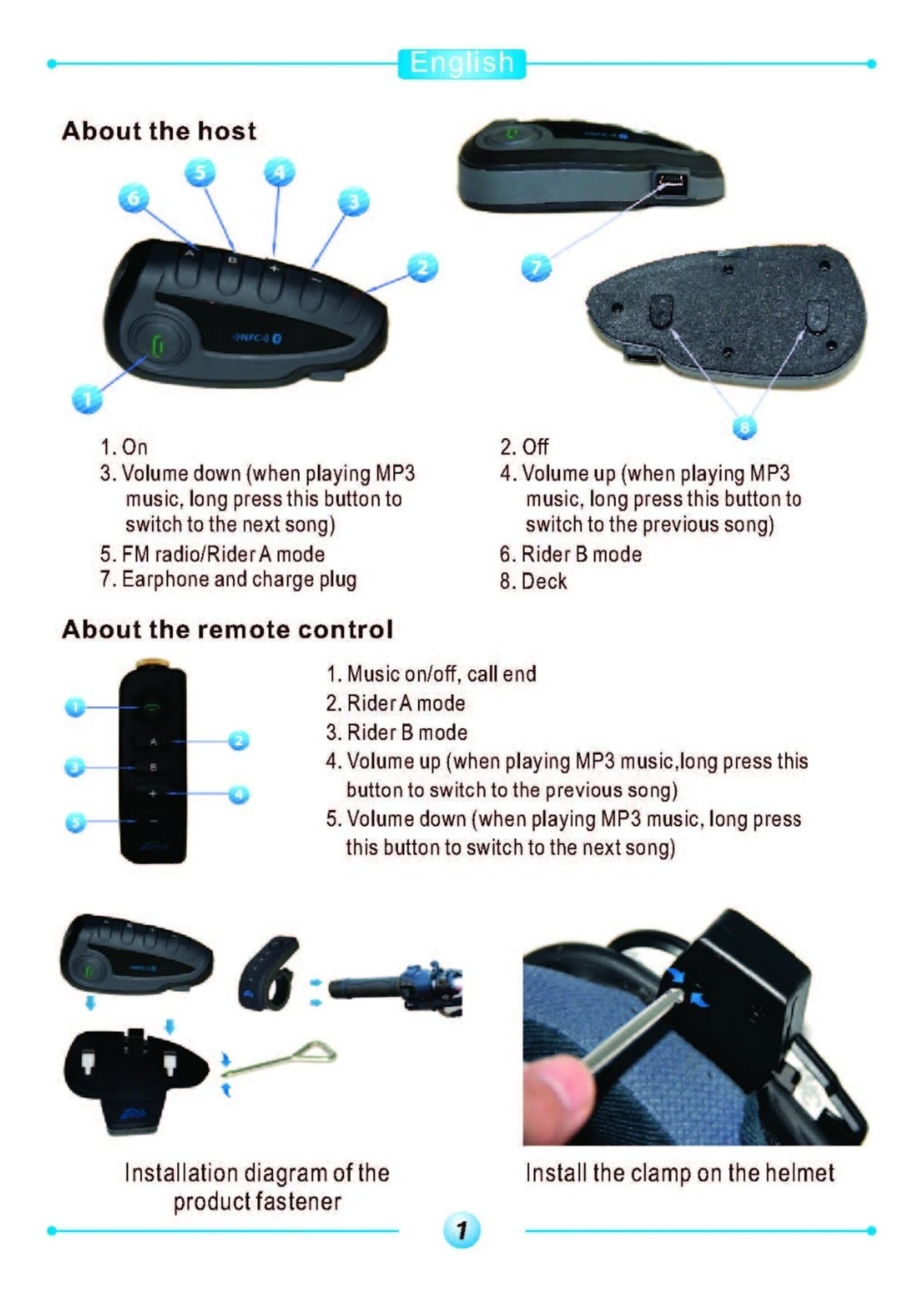 Vnetphone Vnetphone V8 1200M Bluetooth Intercom Motorhelm Interphone Headset NFC Afstandsbediening Full Duplex + FM
