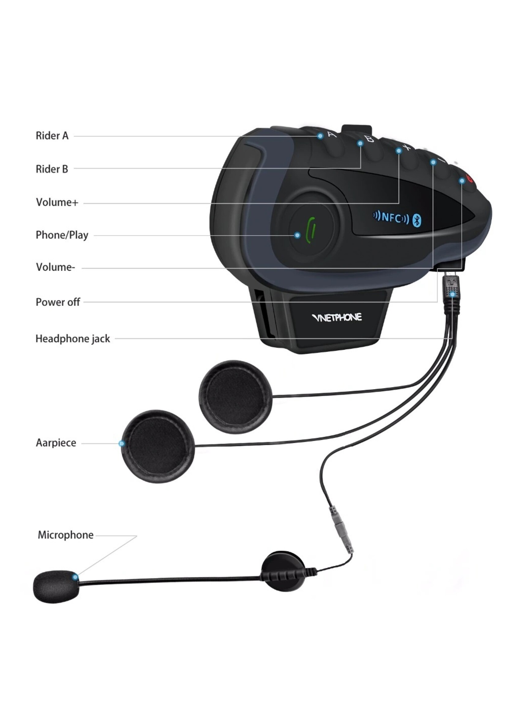 Vnetphone Vnetphone V8 1200M Bluetooth Intercom Motorhelm Interphone Headset NFC Afstandsbediening Full Duplex + FM