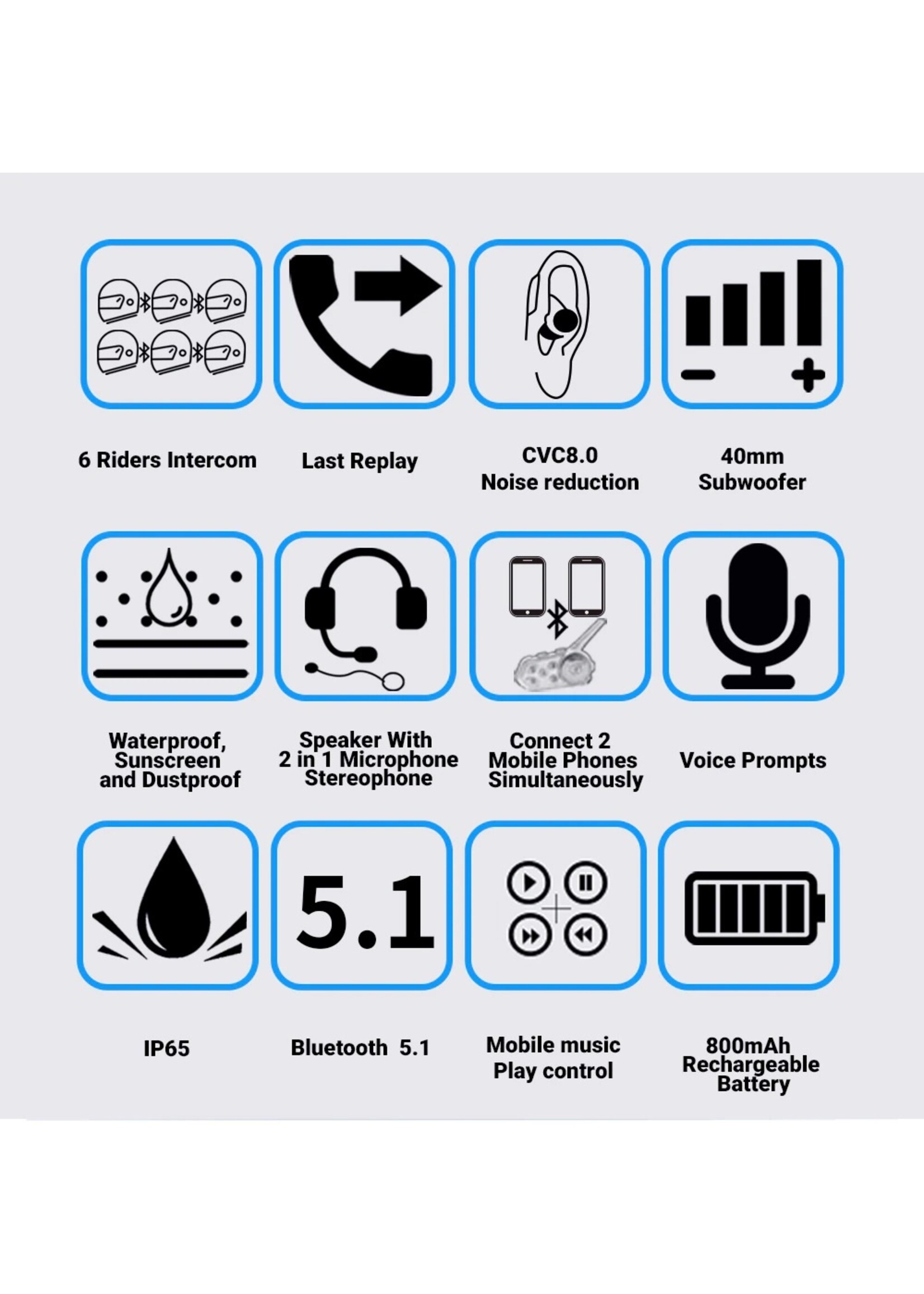 Eurofone Eurofone 6 Riders 1200m BT Bluetooth Interphone Motorhelm Intercom