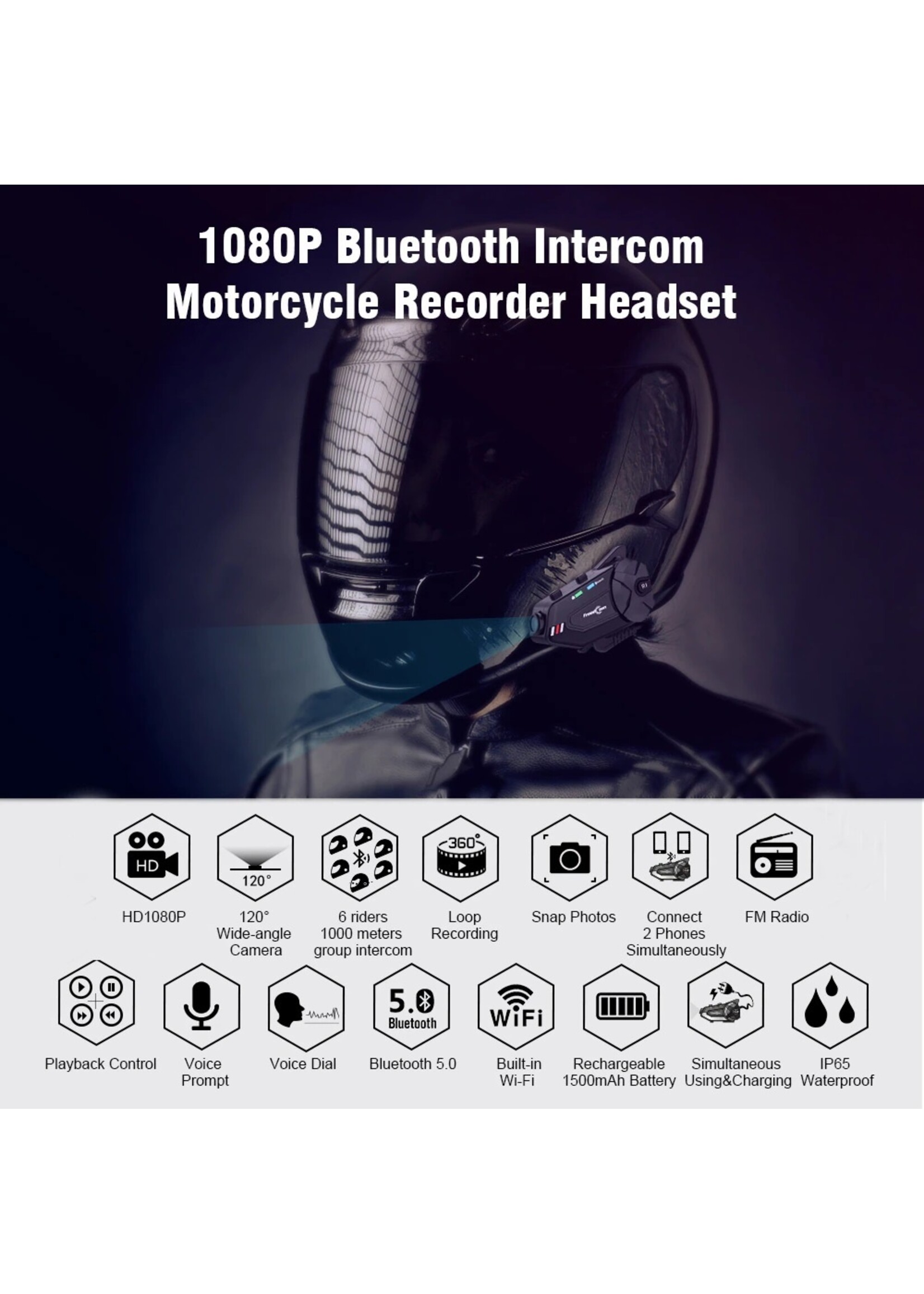 Freedconn FreedConn R1 plus Motorfiets Bluetooth Headset Waterdicht 1080P HD Video Helm Wifi Recorder Moto Camera 6 Riders Intercom + FM Radio