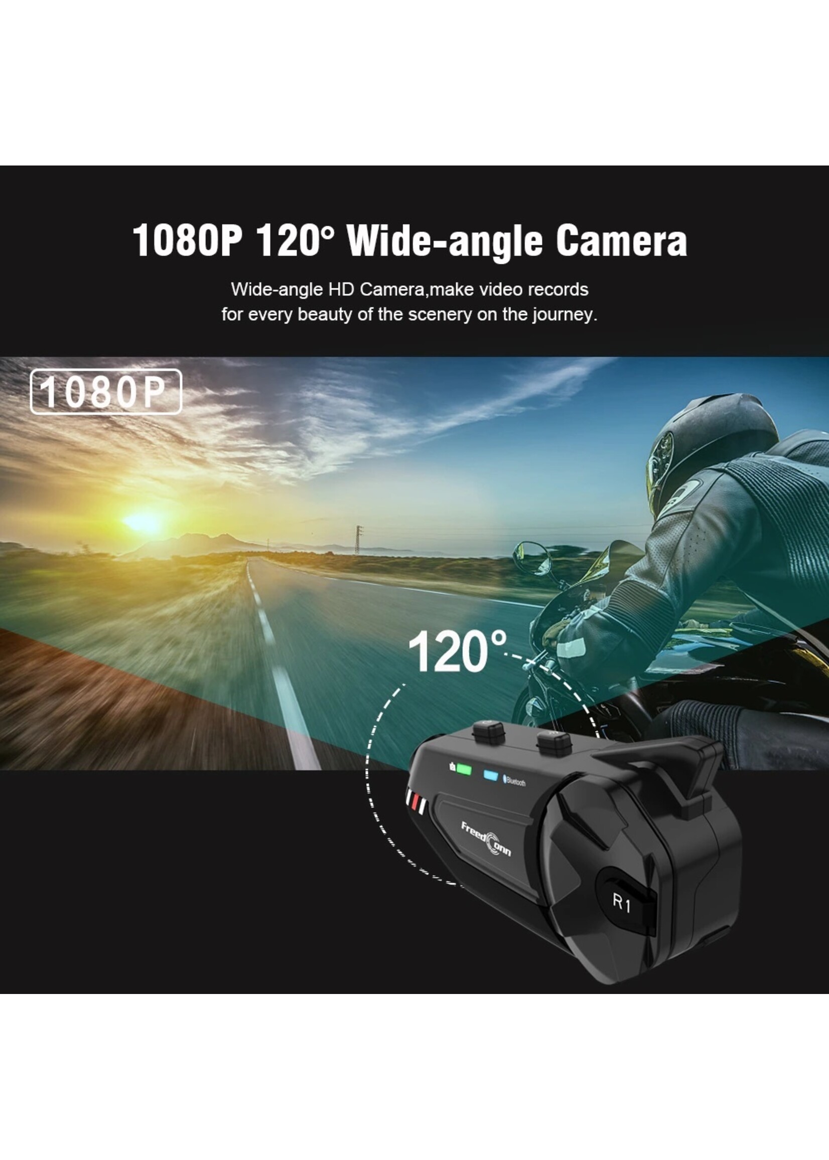 Freedconn FreedConn R1 plus Motorfiets Bluetooth Headset Waterdicht 1080P HD Video Helm Wifi Recorder Moto Camera 6 Riders Intercom + FM Radio