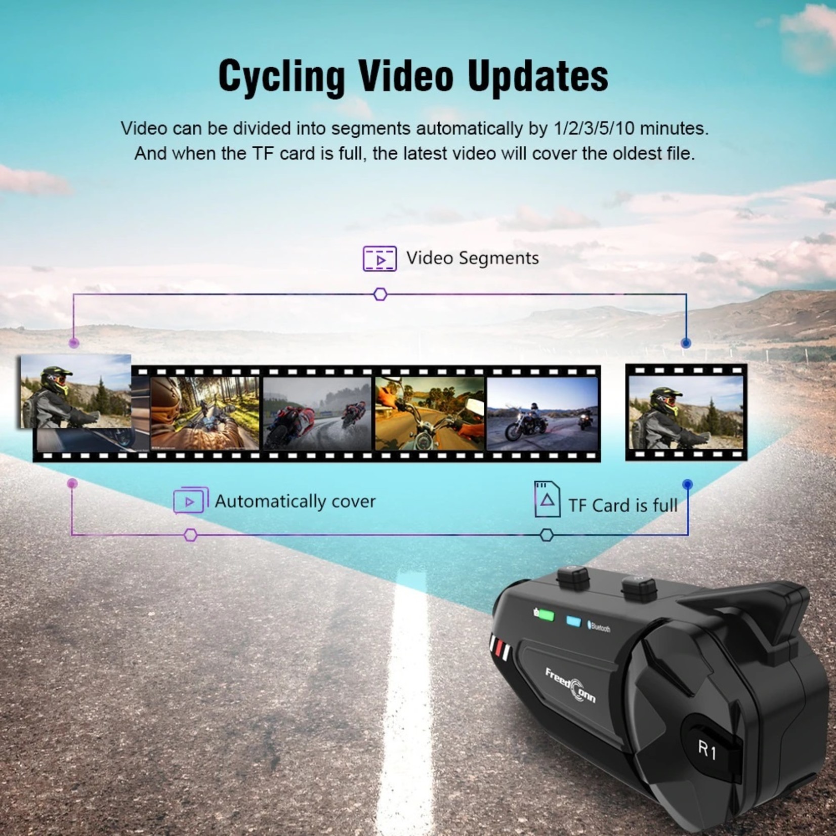 Freedconn FreedConn R1 plus Motorfiets Bluetooth Headset Waterdicht 1080P HD Video Helm Wifi Recorder Moto Camera 6 Riders Intercom + FM Radio