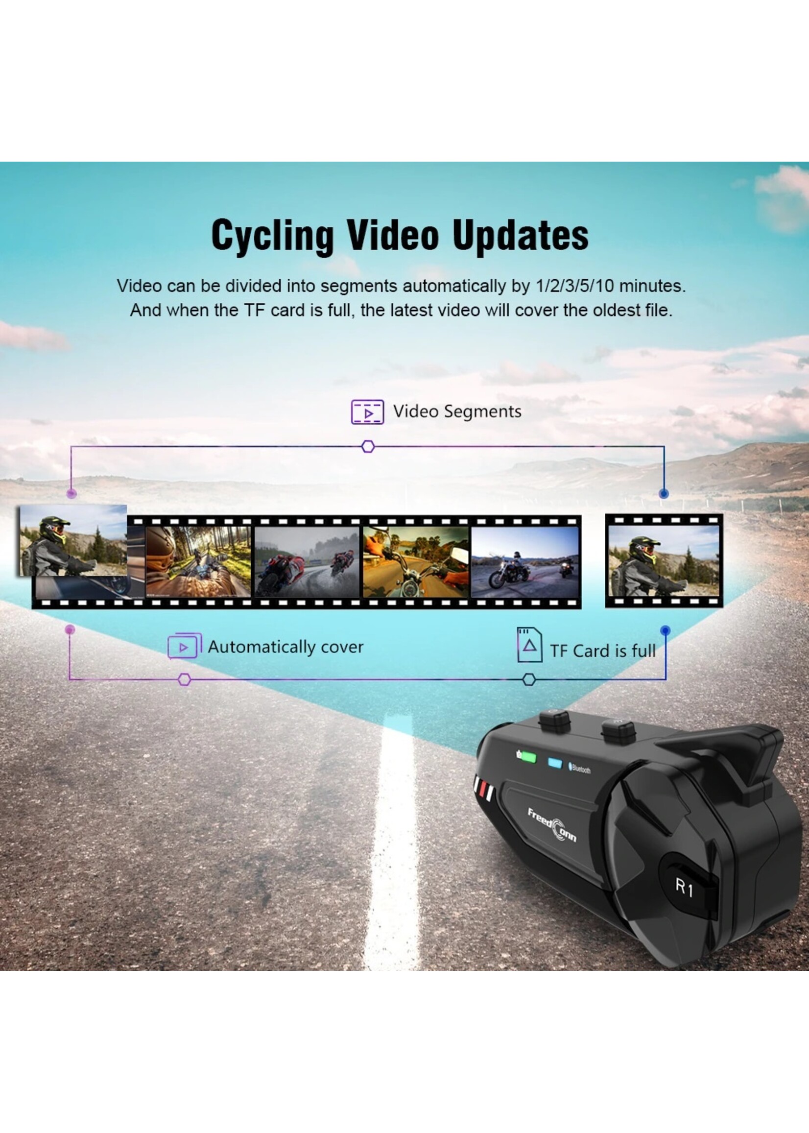 Freedconn FreedConn R1 plus Motorfiets Bluetooth Headset Waterdicht 1080P HD Video Helm Wifi Recorder Moto Camera 6 Riders Intercom + FM Radio