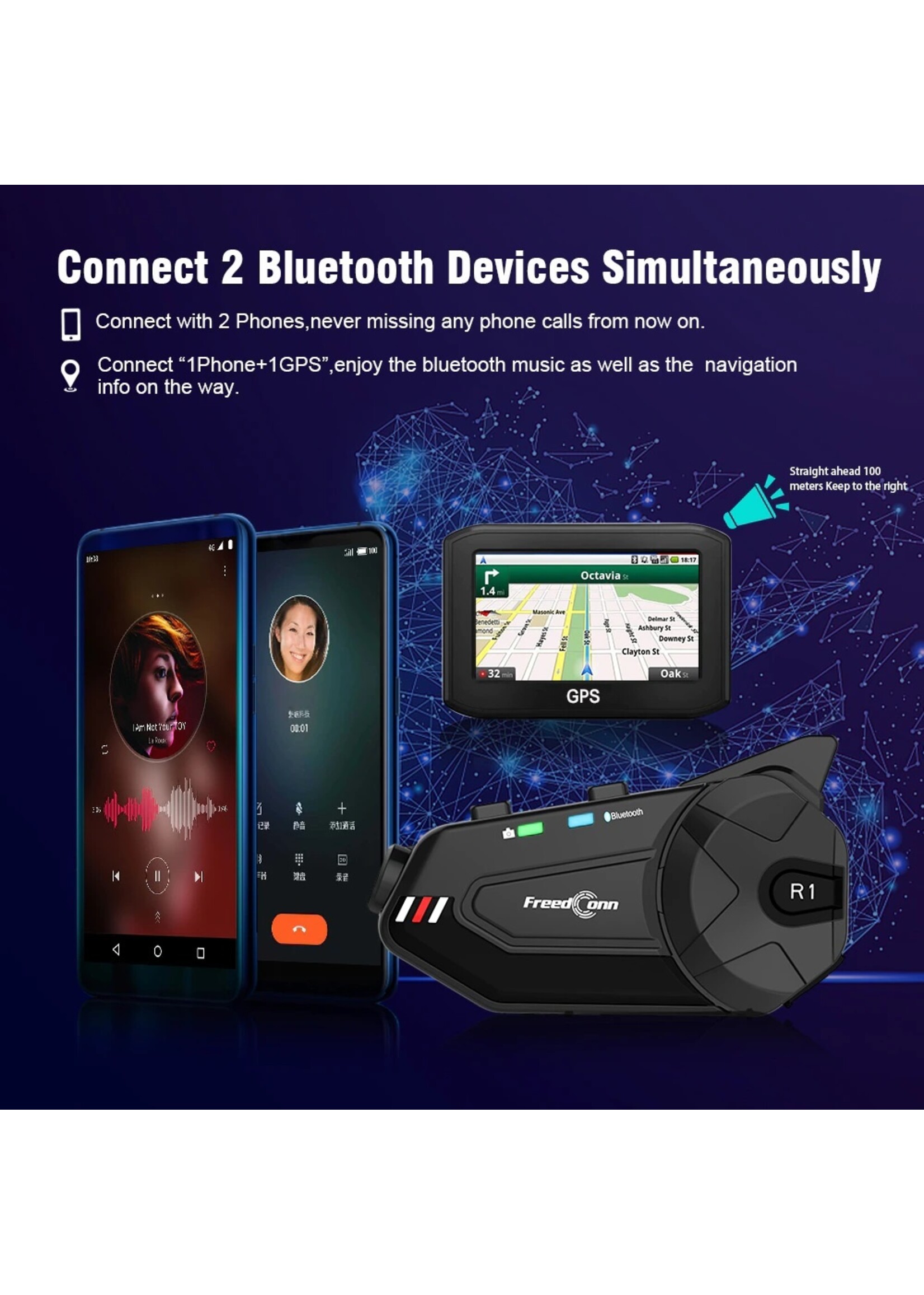 Freedconn FreedConn R1 plus Motorfiets Bluetooth Headset Waterdicht 1080P HD Video Helm Wifi Recorder Moto Camera 6 Riders Intercom + FM Radio