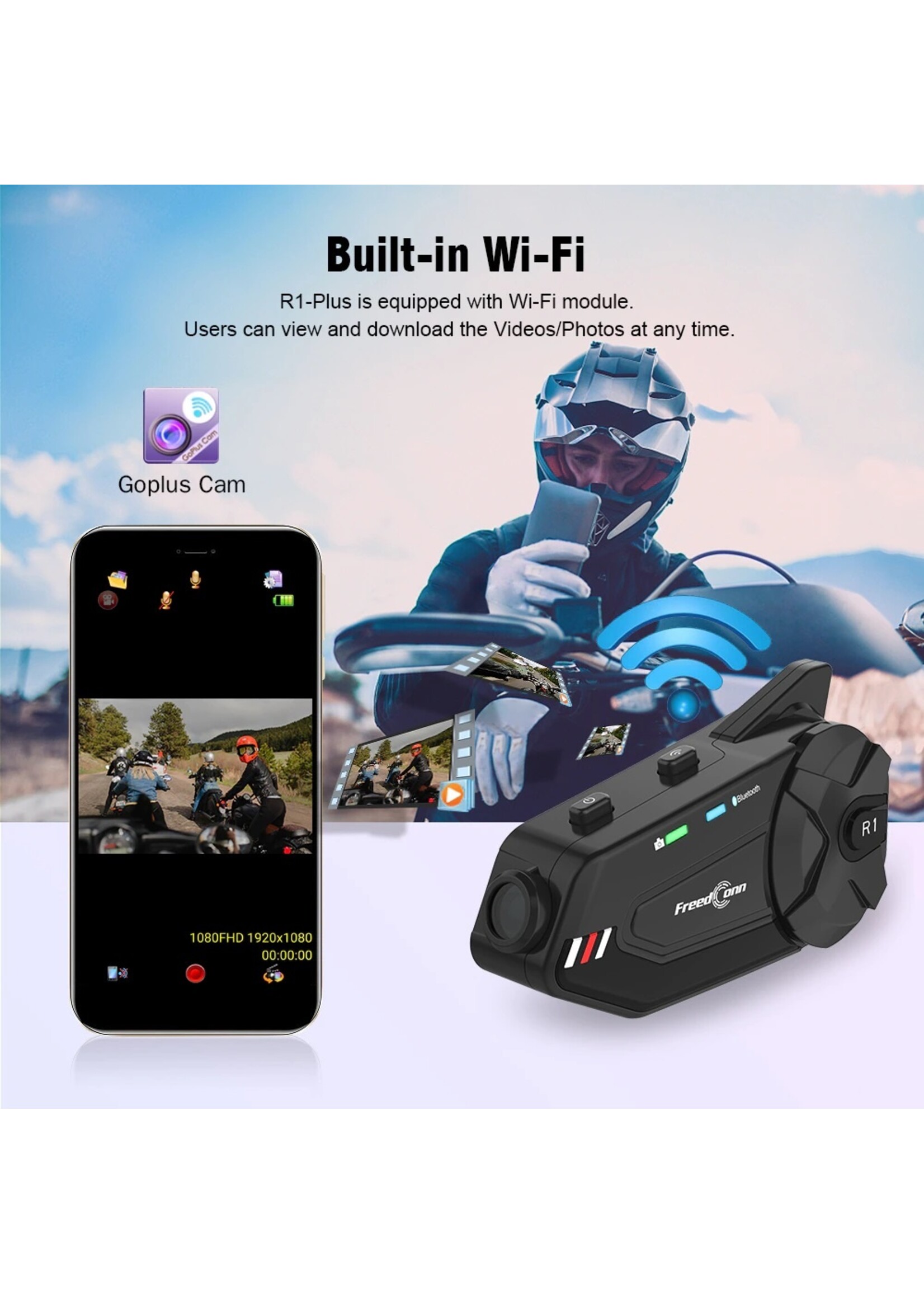 Freedconn FreedConn R1 plus Motorfiets Bluetooth Headset Waterdicht 1080P HD Video Helm Wifi Recorder Moto Camera 6 Riders Intercom + FM Radio