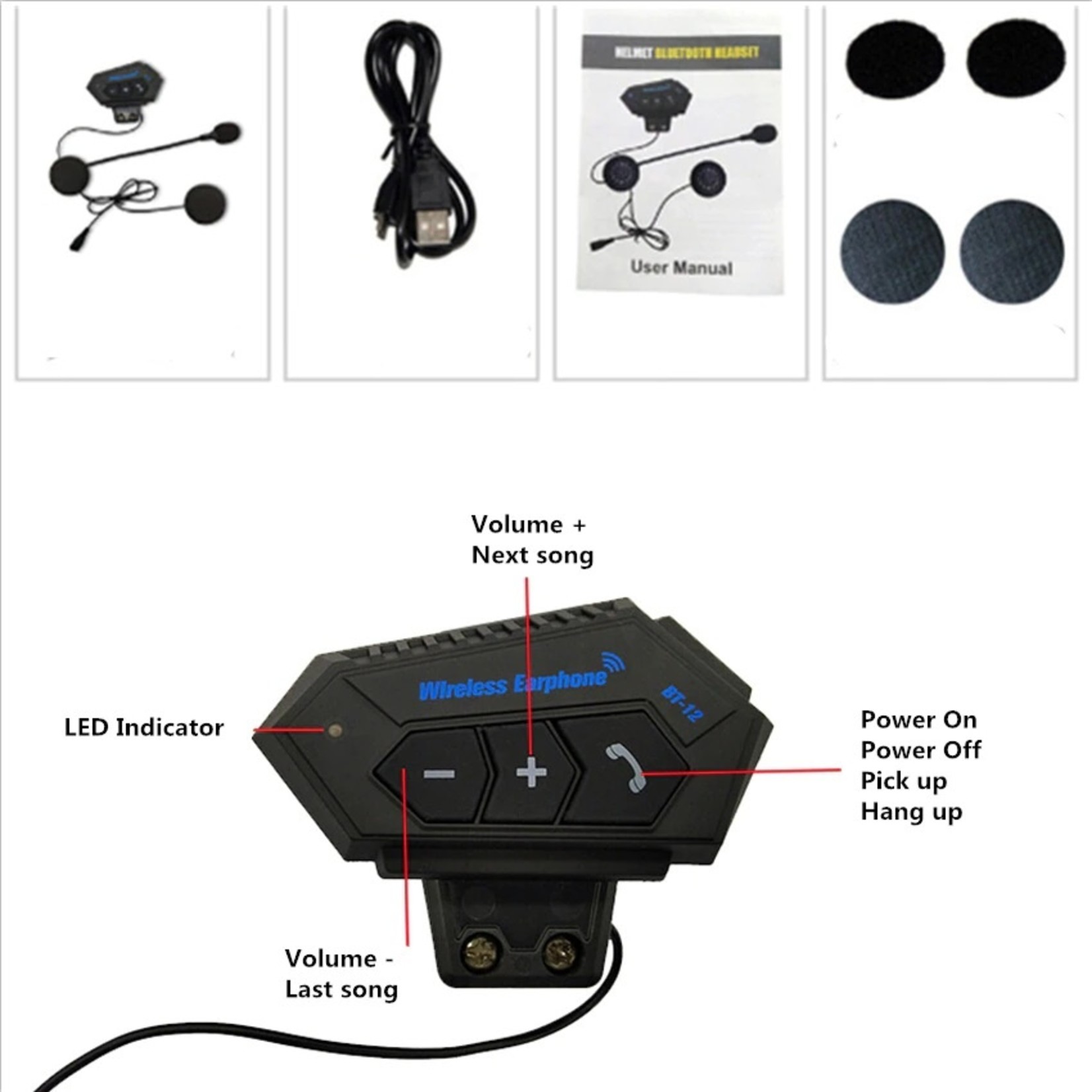 HE Products BT-12 draadloze headset motorhelm Luidsprekers Ondersteuning Handsfree bellen voor antwoorden