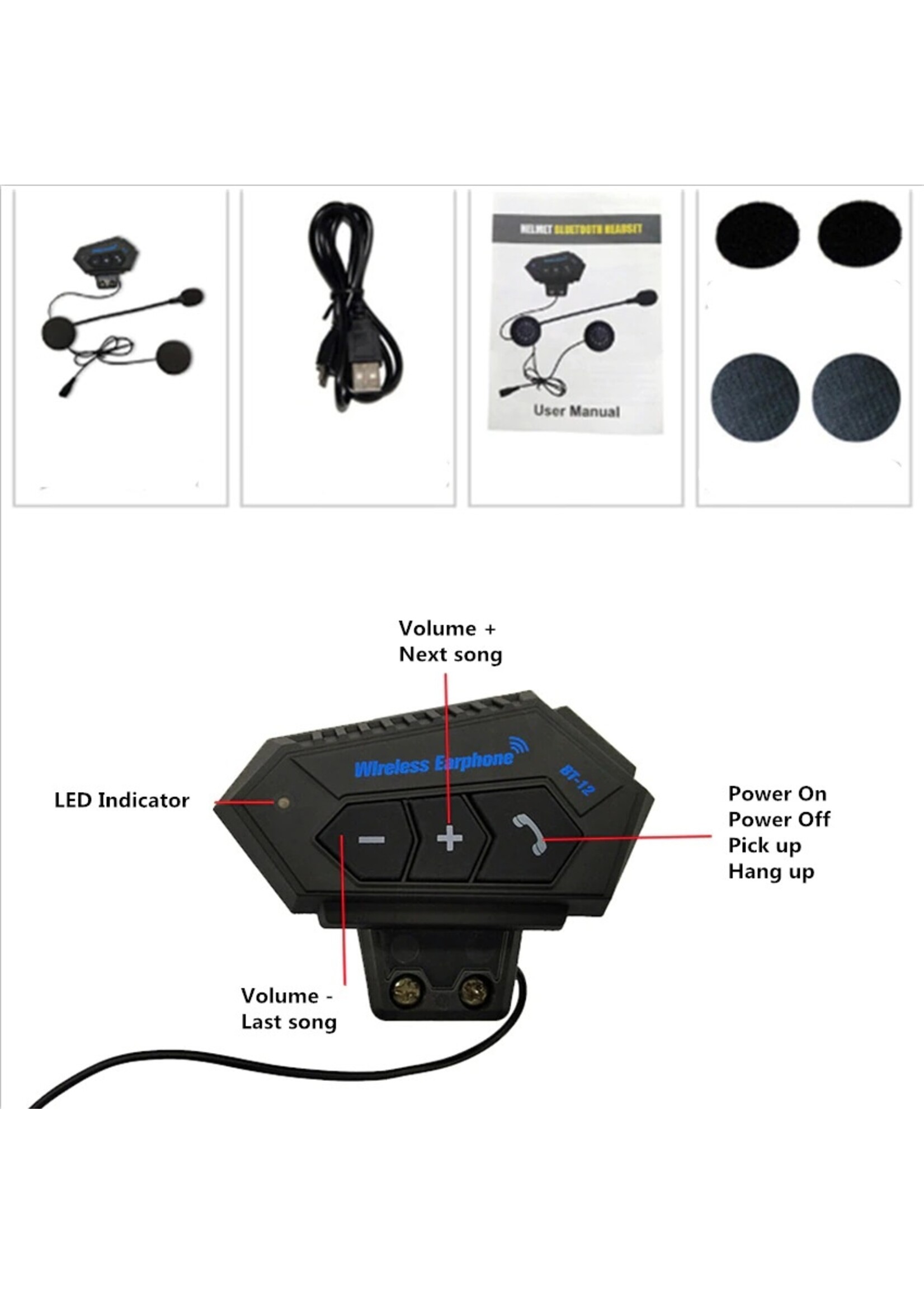 HE Products BT-12 draadloze headset motorhelm Luidsprekers Ondersteuning Handsfree bellen voor antwoorden