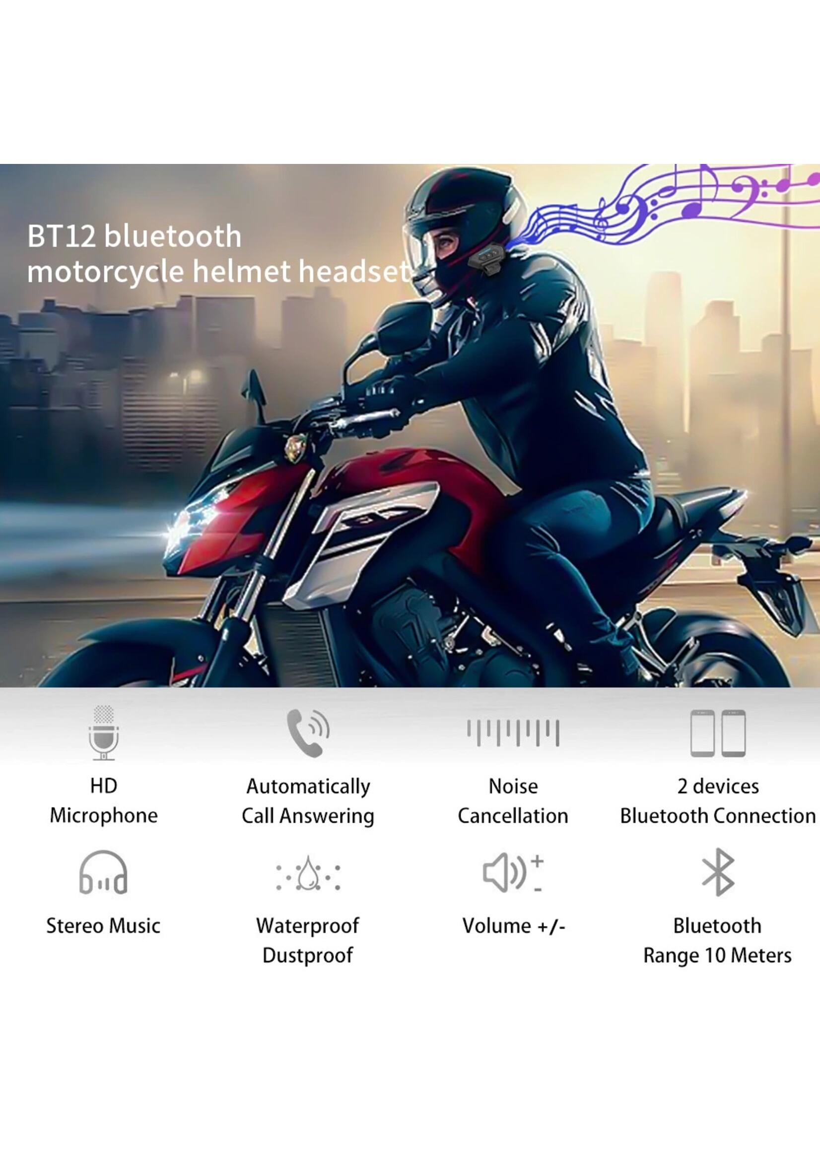 HE Products BT-12 draadloze headset motorhelm Luidsprekers Ondersteuning Handsfree bellen voor antwoorden