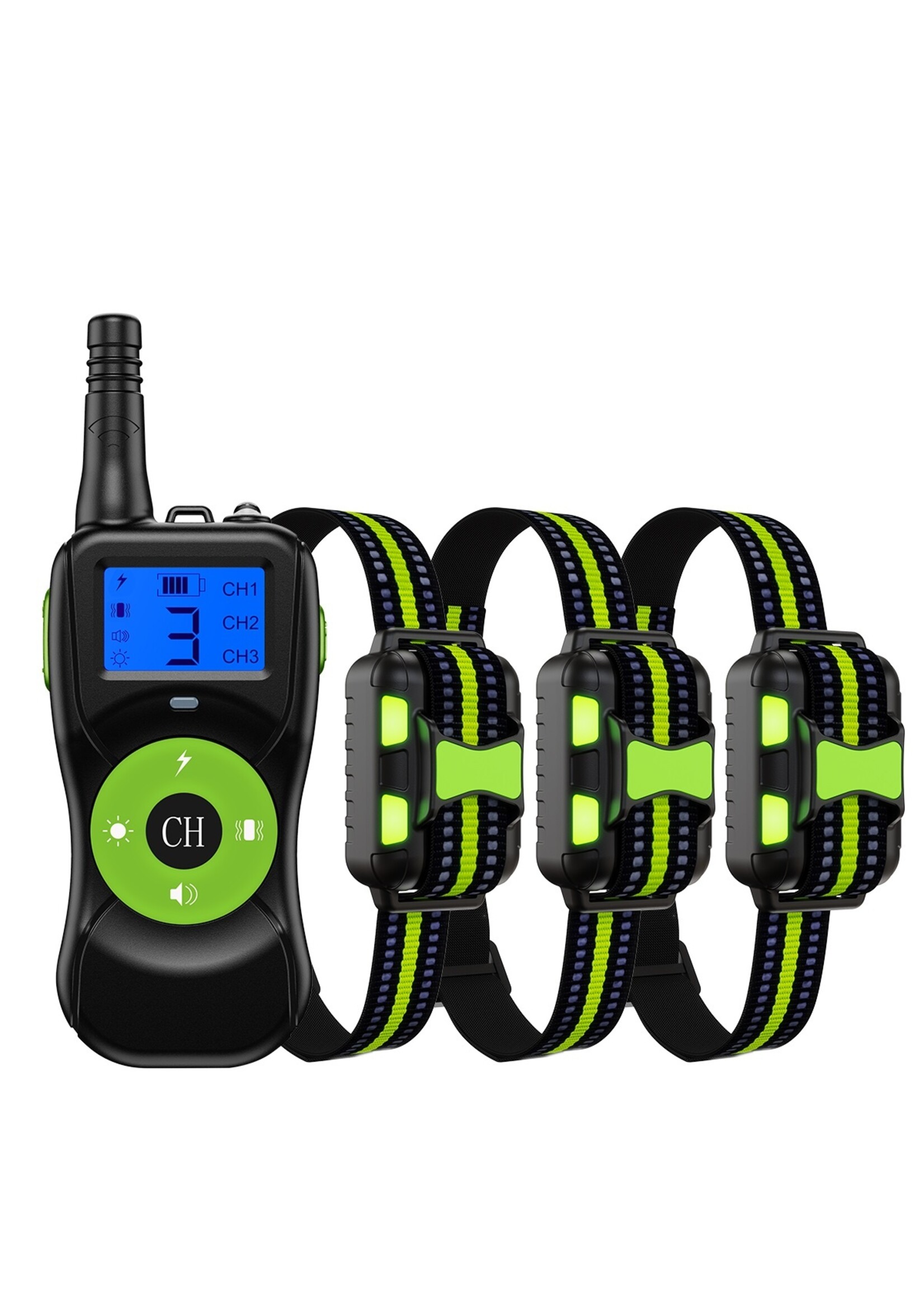 HE Products Voor 3 Honden, Hondentrainingshalsband met 300m afstandsbediening, elektronische halsband met piep-, vibratie-, schok-, licht- en toetsenbordvergrendelingsmodus, waterdichte elektrische halsbandset voor kleine middelgrote grote honden