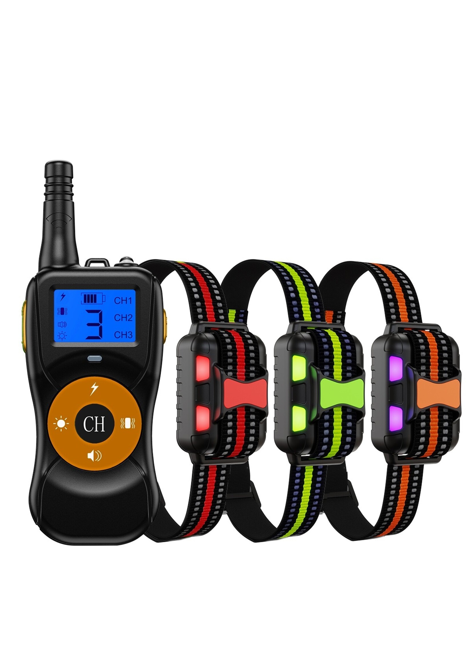HE Products Voor 3 Honden, Hondentrainingshalsband met 300m afstandsbediening, elektronische halsband met piep-, vibratie-, schok-, licht- en toetsenbordvergrendelingsmodus, waterdichte elektrische halsbandset voor kleine middelgrote grote honden
