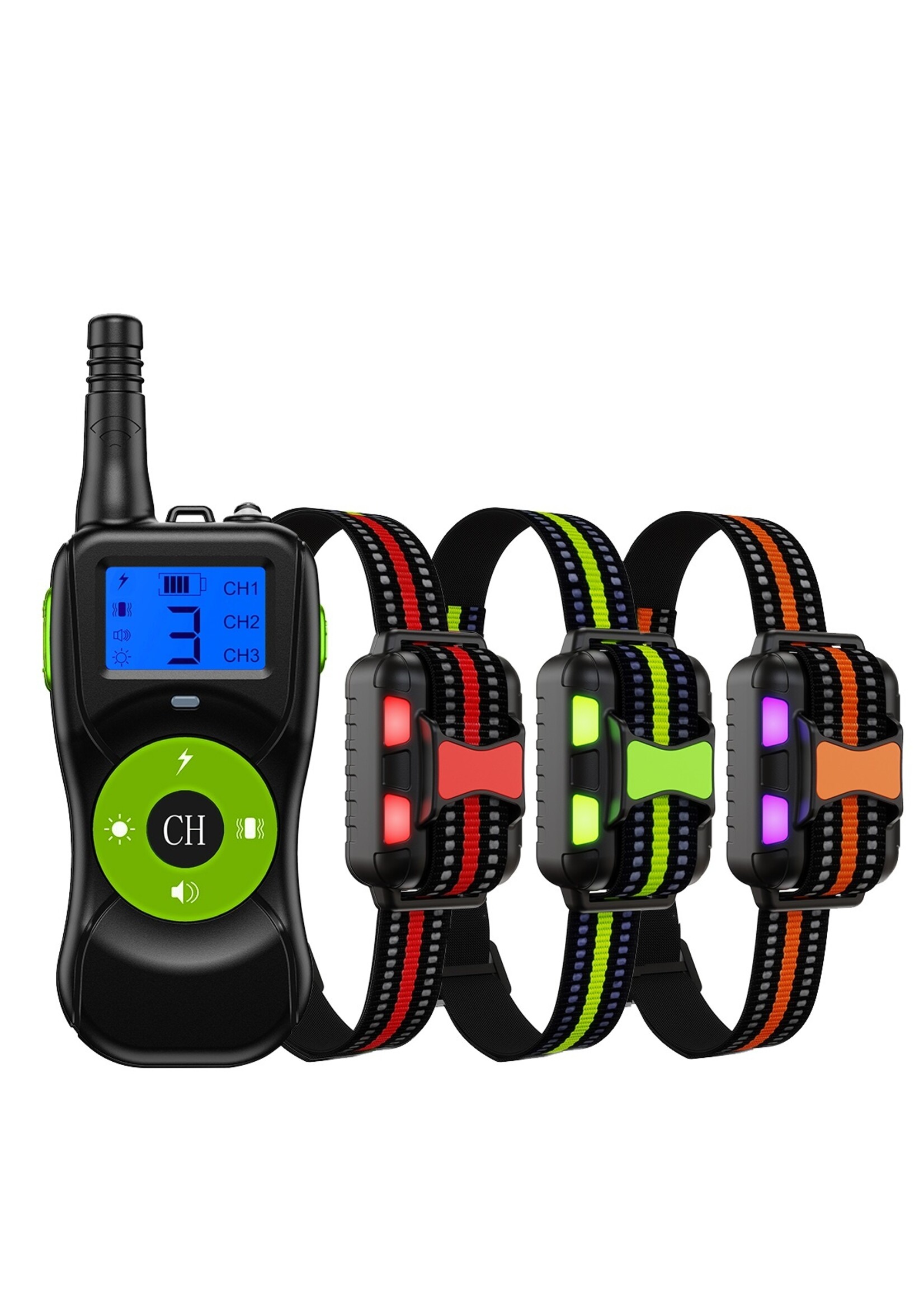 HE Products Voor 3 Honden, Hondentrainingshalsband met 300m afstandsbediening, elektronische halsband met piep-, vibratie-, schok-, licht- en toetsenbordvergrendelingsmodus, waterdichte elektrische halsbandset voor kleine middelgrote grote honden