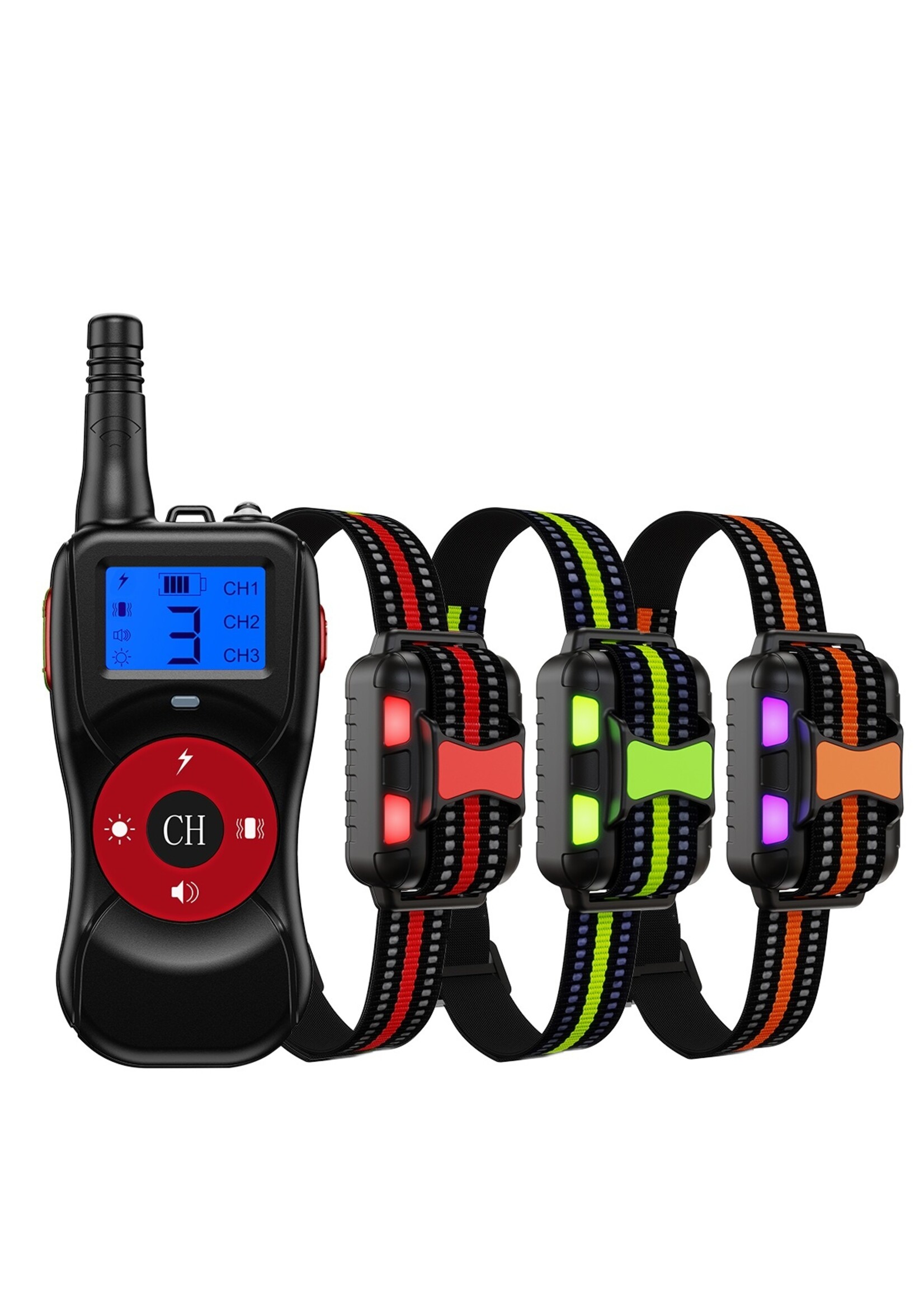 HE Products Voor 3 Honden, Hondentrainingshalsband met 300m afstandsbediening, elektronische halsband met piep-, vibratie-, schok-, licht- en toetsenbordvergrendelingsmodus, waterdichte elektrische halsbandset voor kleine middelgrote grote honden