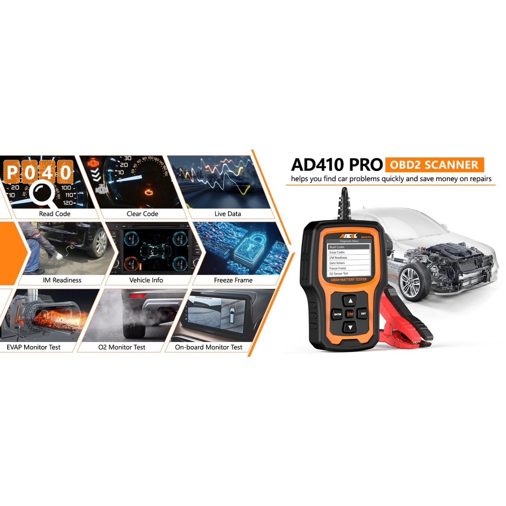 Ancel ANCEL AD410 PRO OBD2 Scanner + Batterij Tester 2 in 1 Check Engine Code Reader Auto Diagnostische Tools