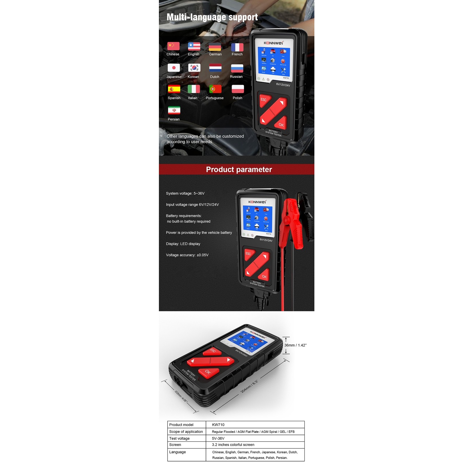 KONNWEI Konnwei KW710 100-2000CCA Batterij Analyzer Tester Voor Vrachtwagens 6V 12V 24V Auto Zwengelen En Opladen Systeem Test diagnostische Apparaat