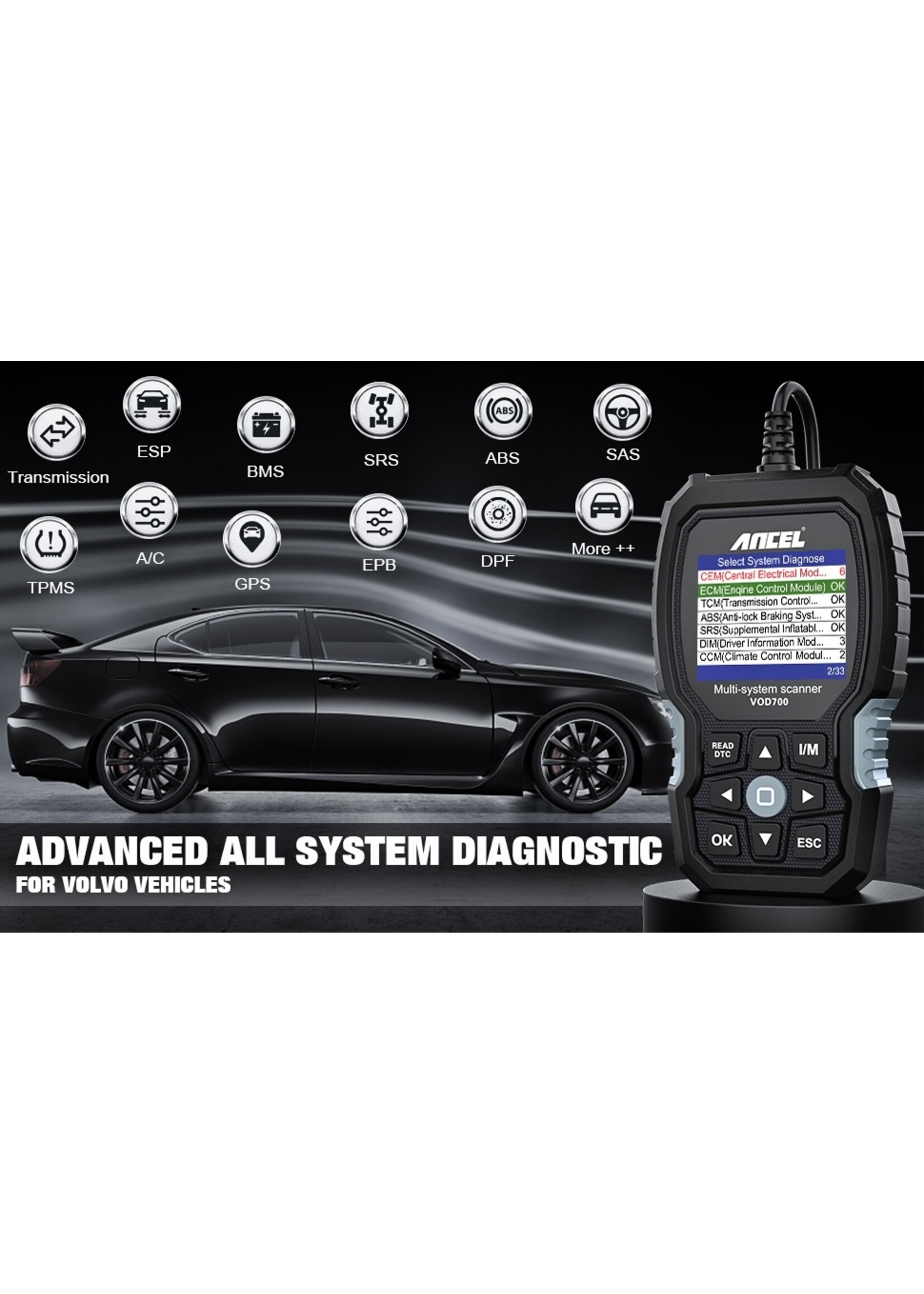 Ancel VOD700 OBD2 Scanner voor Volvo.  Auto Code Reader Diagnostic Scan Tool Abs Bloeden Injector Olie Etc Bms Epb Tpms dpf Reset