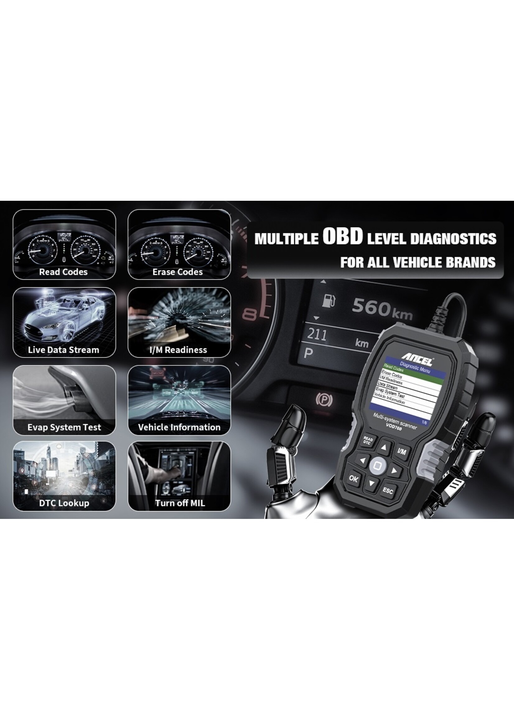 Ancel VOD700 OBD2 Scanner voor Volvo.  Auto Code Reader Diagnostic Scan Tool Abs Bloeden Injector Olie Etc Bms Epb Tpms dpf Reset