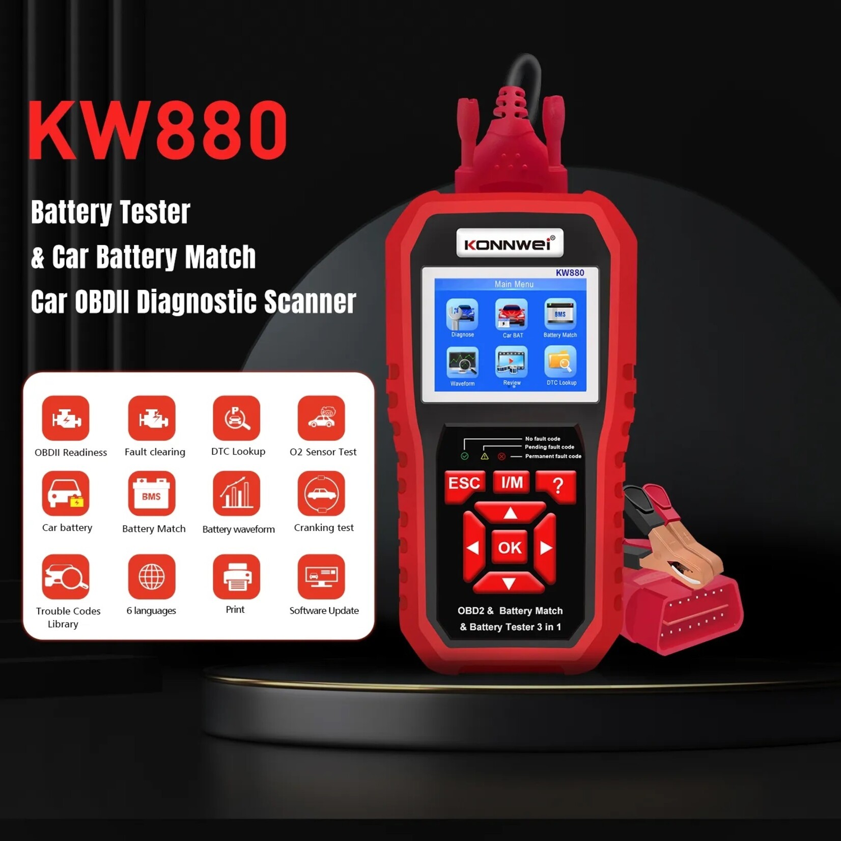 KONNWEI KW880 Auto OBDII Dianostic Tool & Autobatterijtester & Autobatterij Match 3 in 1.