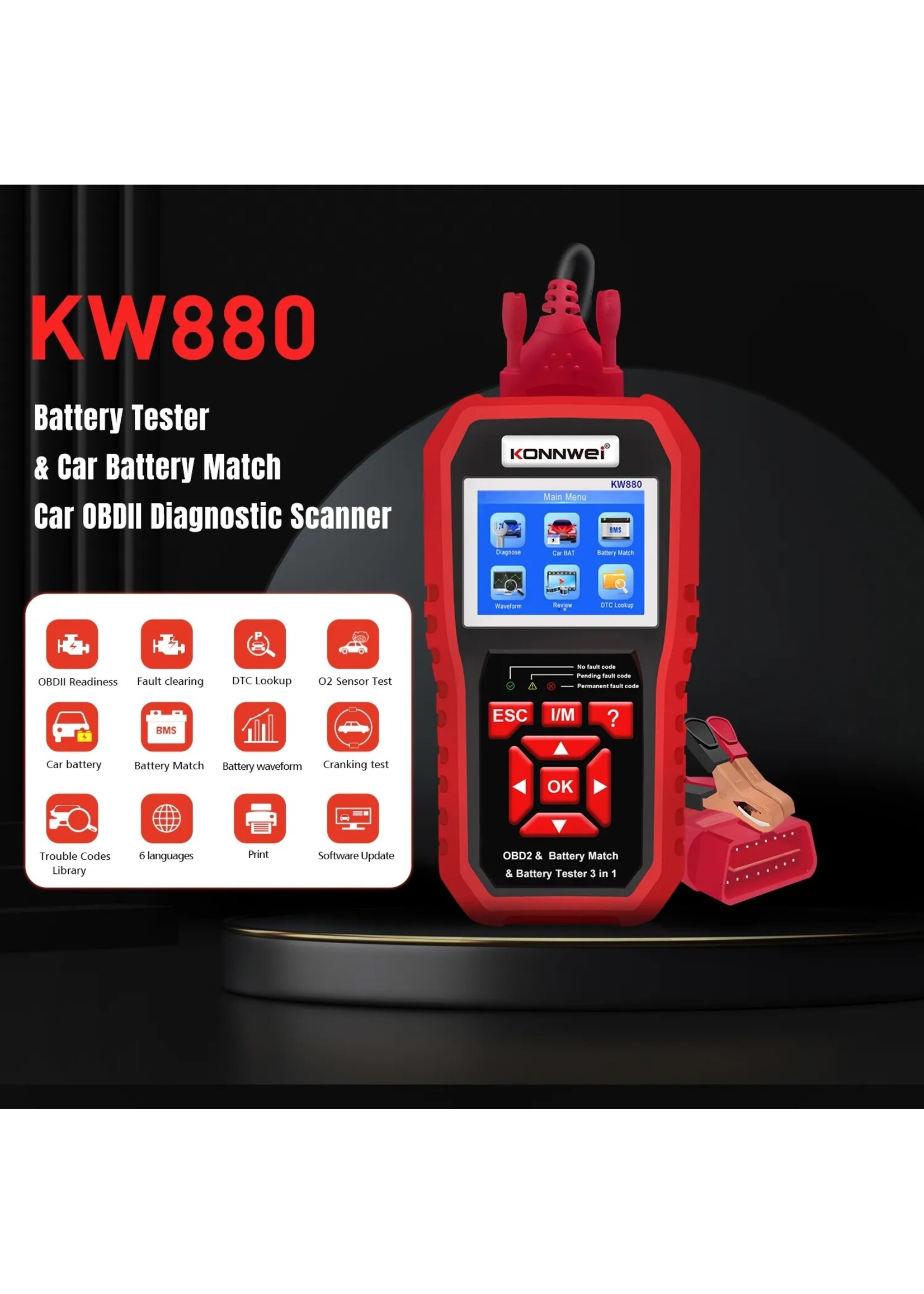 KONNWEI KW880 Auto OBDII Dianostic Tool & Autobatterijtester & Autobatterij Match 3 in 1.