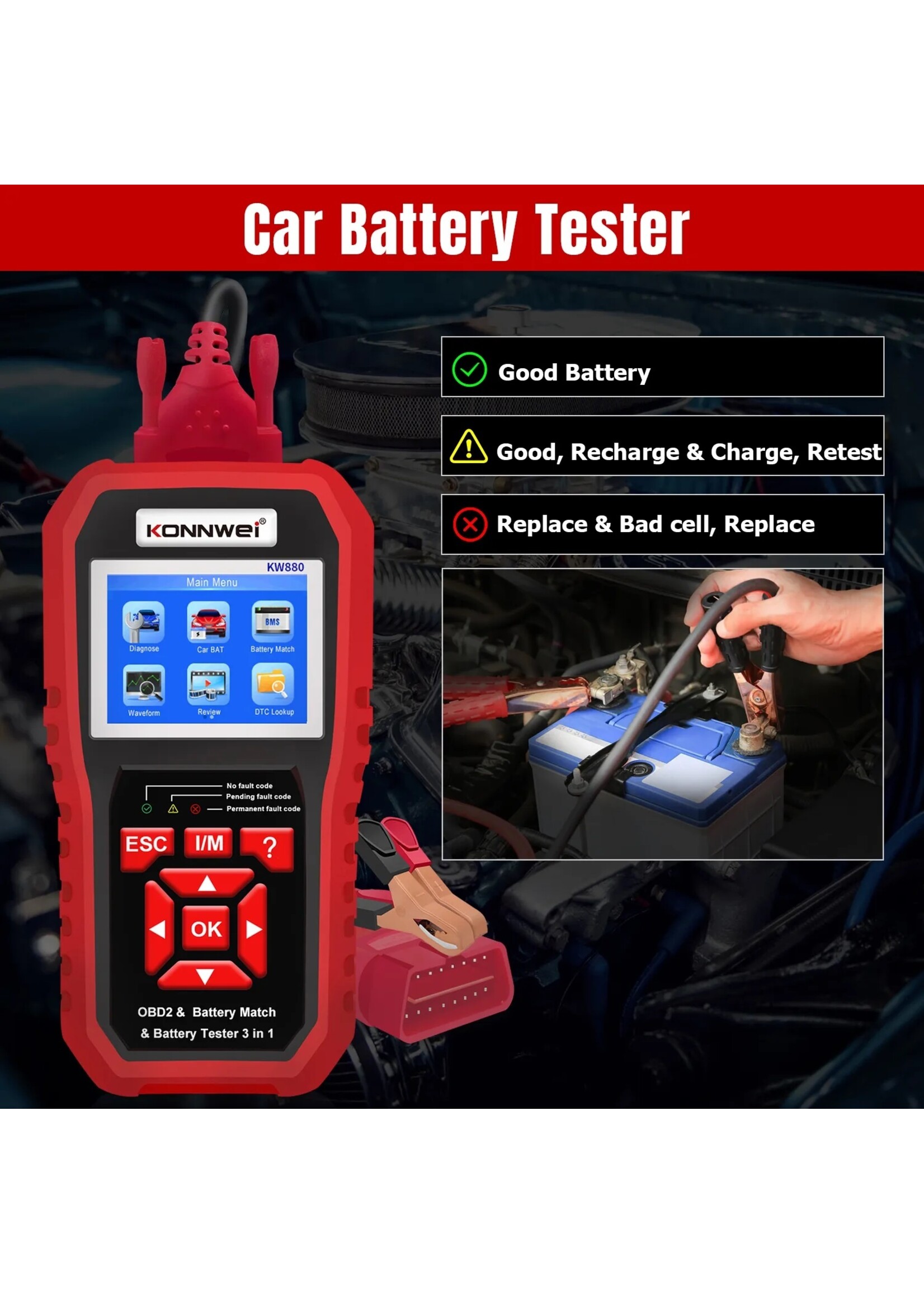 KONNWEI KW880 Auto OBDII Dianostic Tool & Autobatterijtester & Autobatterij Match 3 in 1.