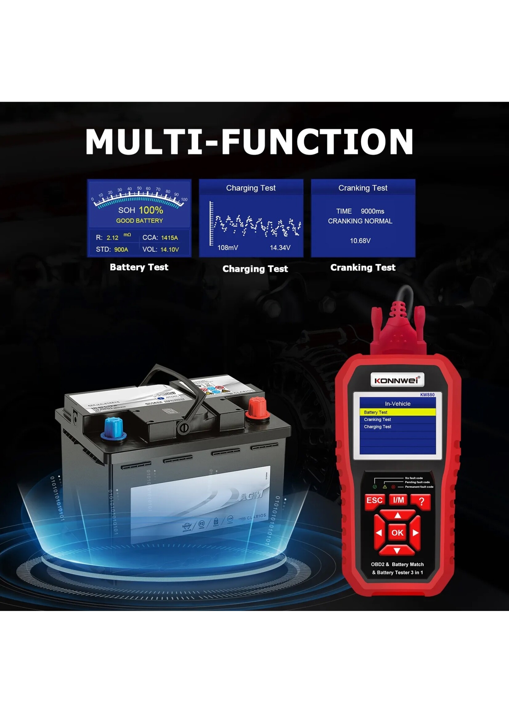 KONNWEI KW880 Auto OBDII Dianostic Tool & Autobatterijtester & Autobatterij Match 3 in 1.