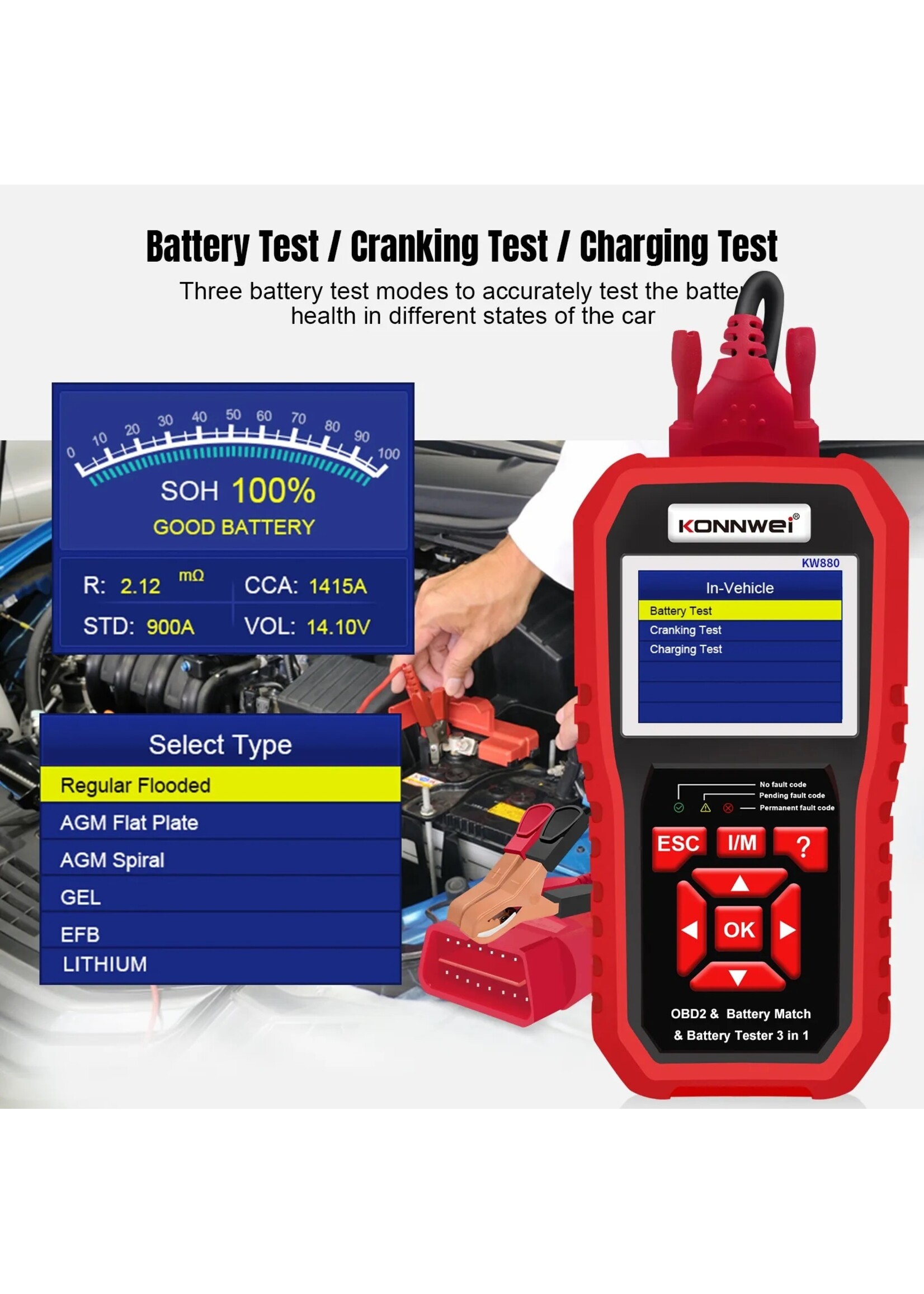 KONNWEI KW880 Auto OBDII Dianostic Tool & Autobatterijtester & Autobatterij Match 3 in 1.