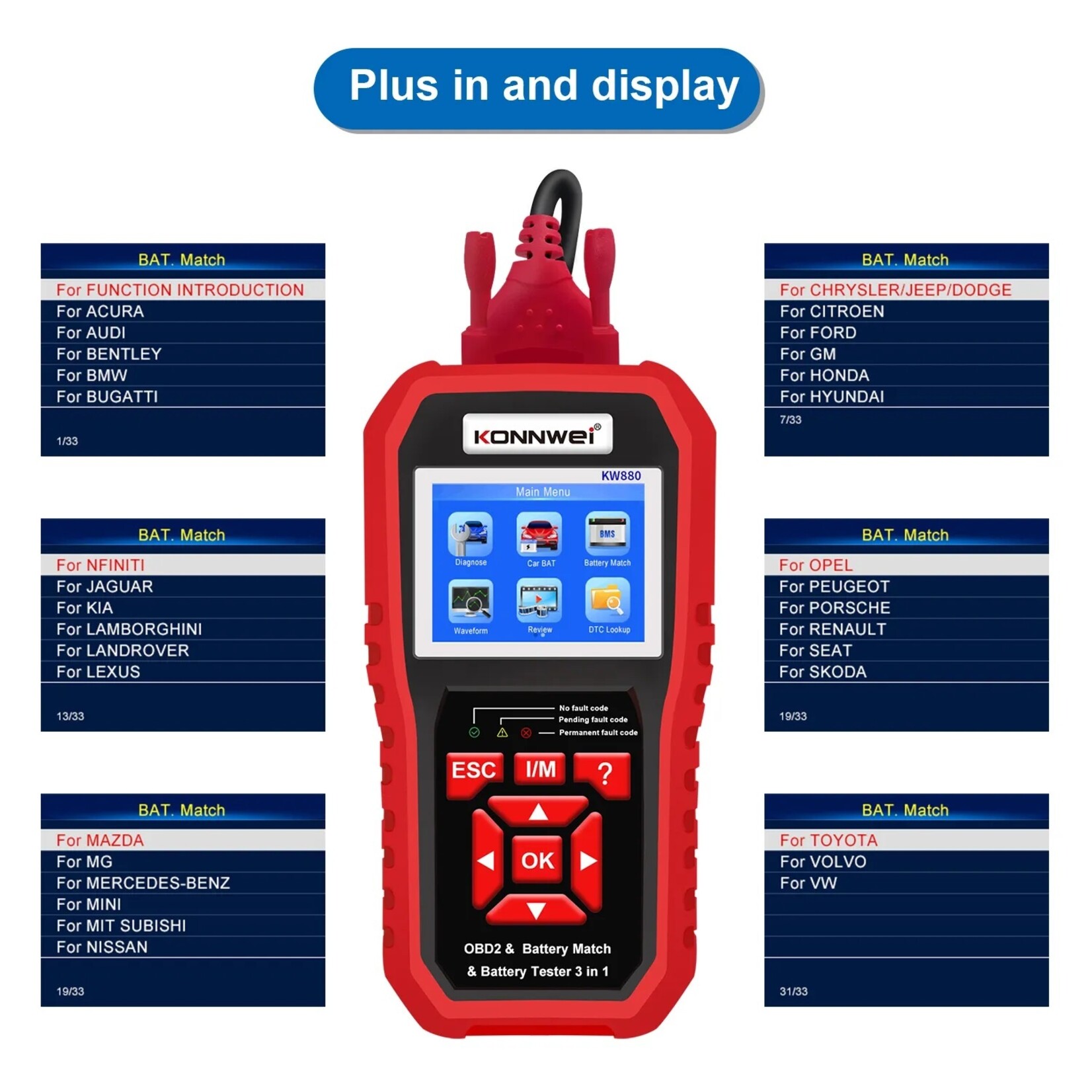 KONNWEI KW880 Auto OBDII Dianostic Tool & Autobatterijtester & Autobatterij Match 3 in 1.