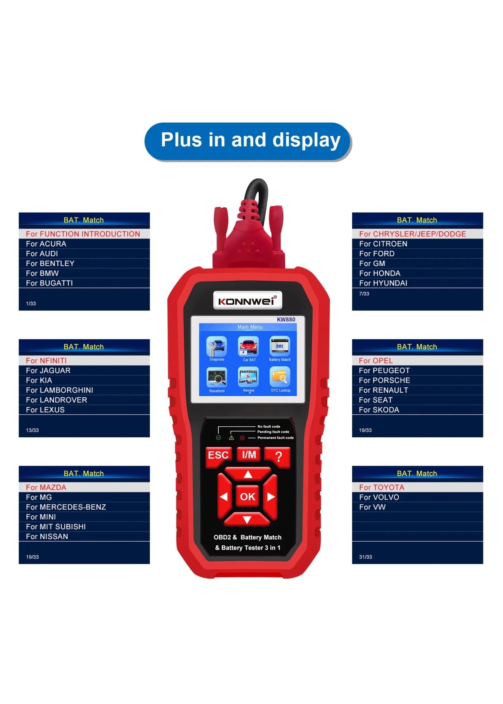 KONNWEI KW880 Auto OBDII Dianostic Tool & Autobatterijtester & Autobatterij Match 3 in 1.