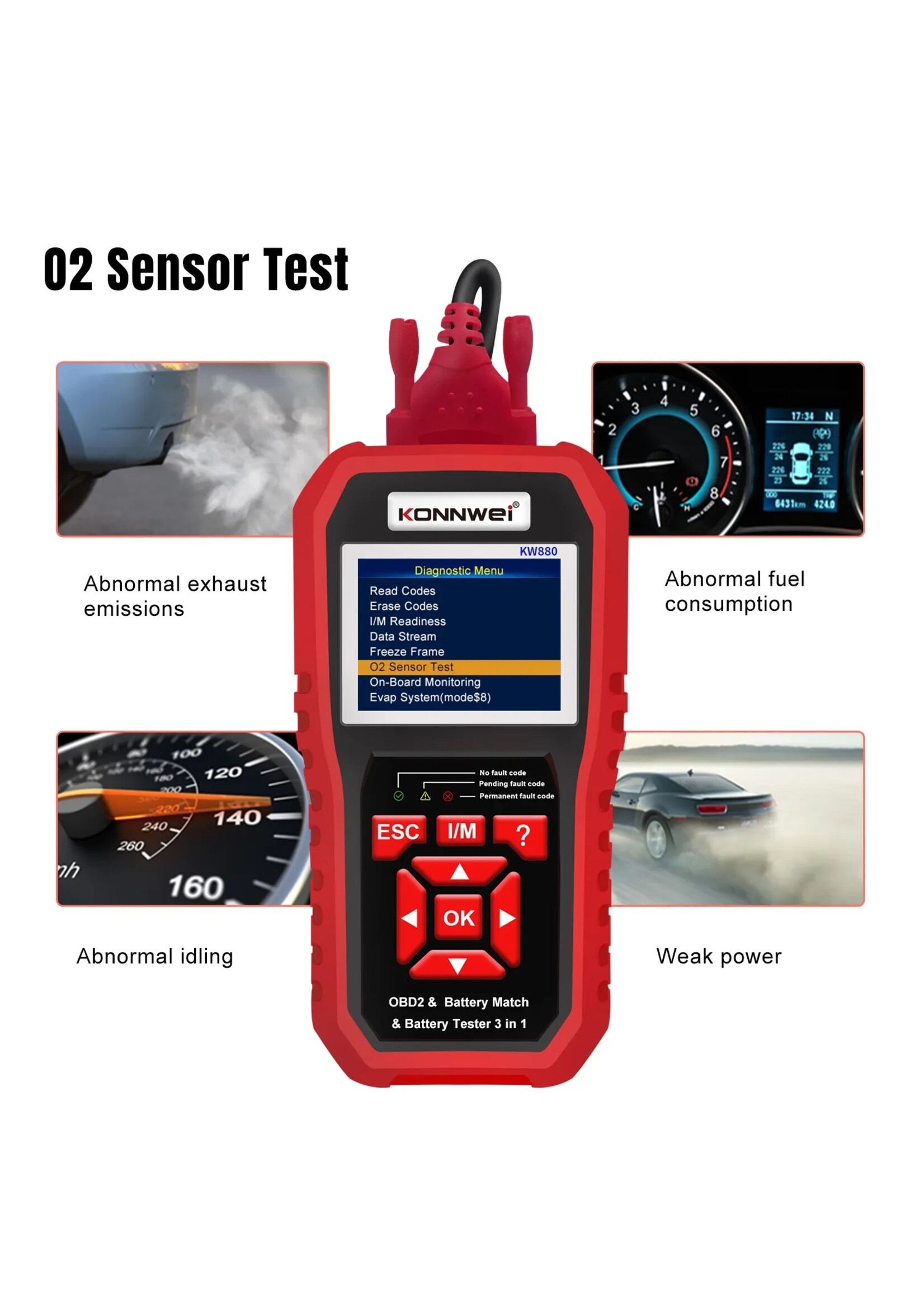 KONNWEI KW880 Auto OBDII Dianostic Tool & Autobatterijtester & Autobatterij Match 3 in 1.