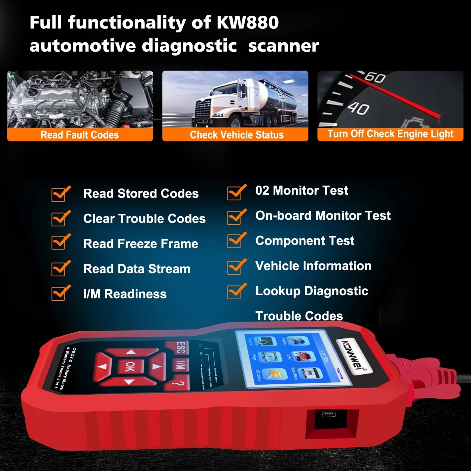 KONNWEI KW880 Auto OBDII Dianostic Tool & Autobatterijtester & Autobatterij Match 3 in 1.