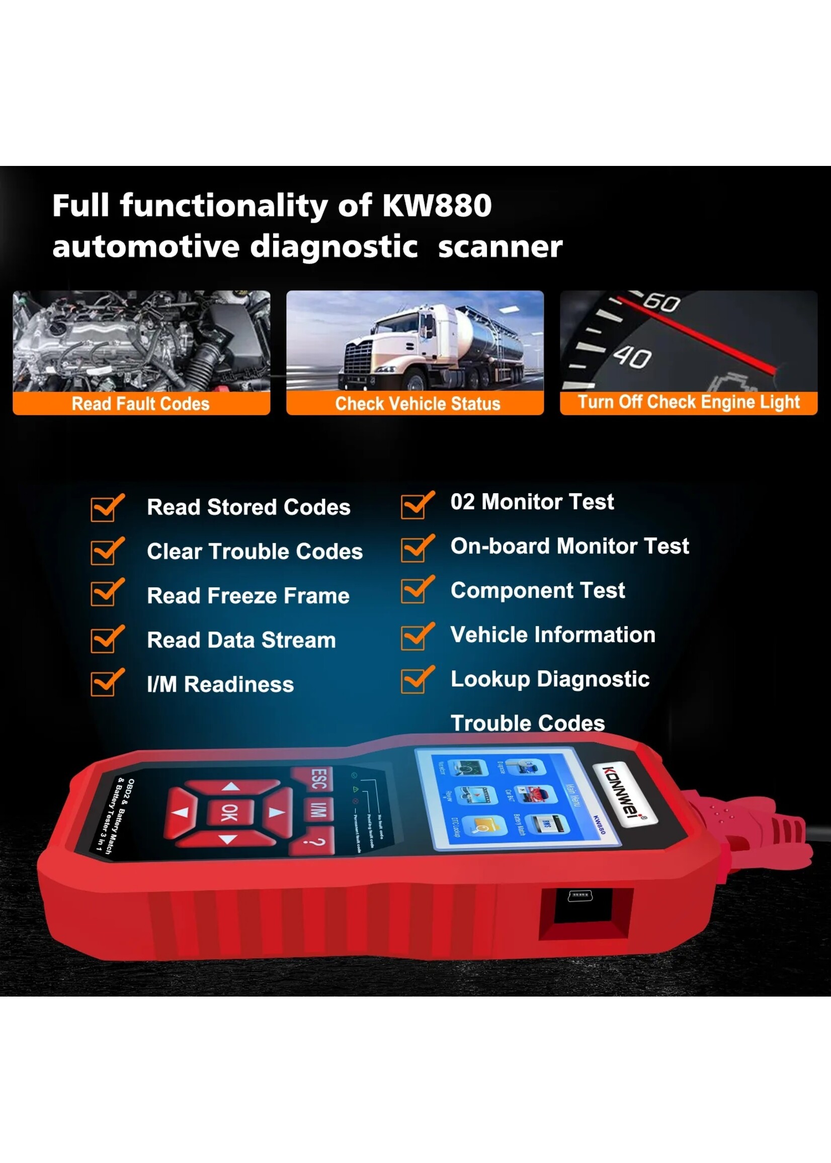KONNWEI KW880 Auto OBDII Dianostic Tool & Autobatterijtester & Autobatterij Match 3 in 1.