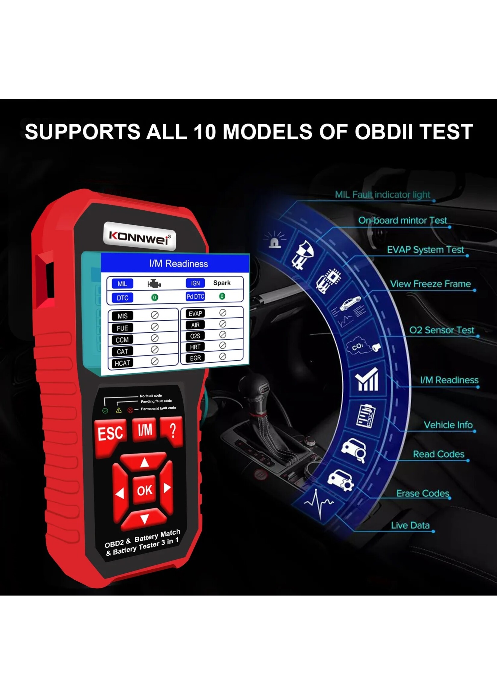 KONNWEI KW880 Auto OBDII Dianostic Tool & Autobatterijtester & Autobatterij Match 3 in 1.