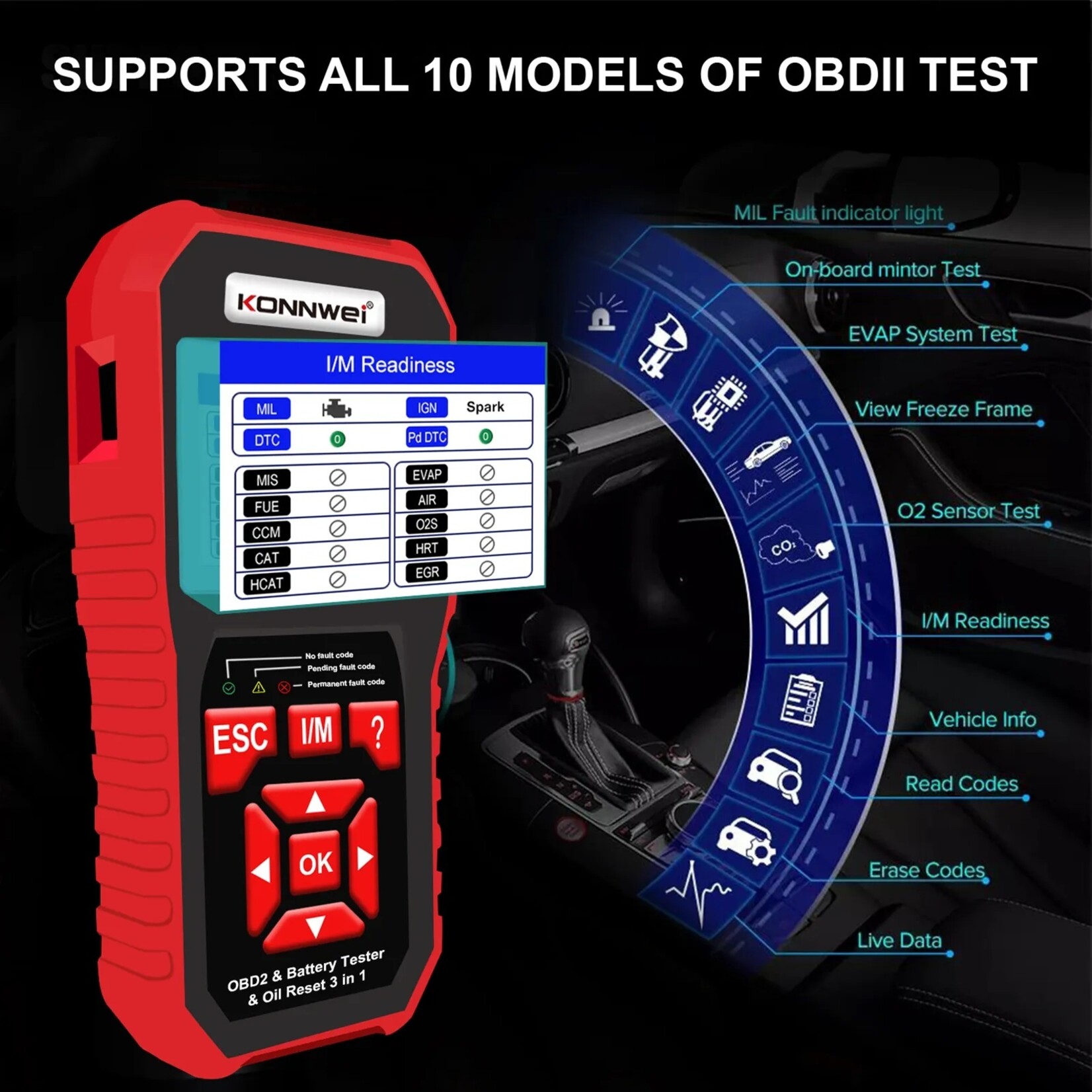 KONNWEI KONNWEI's nieuwe KW890 diagnose-instrument voor autostoringen + auto-accutester + reset van Olie onderhoudslampje