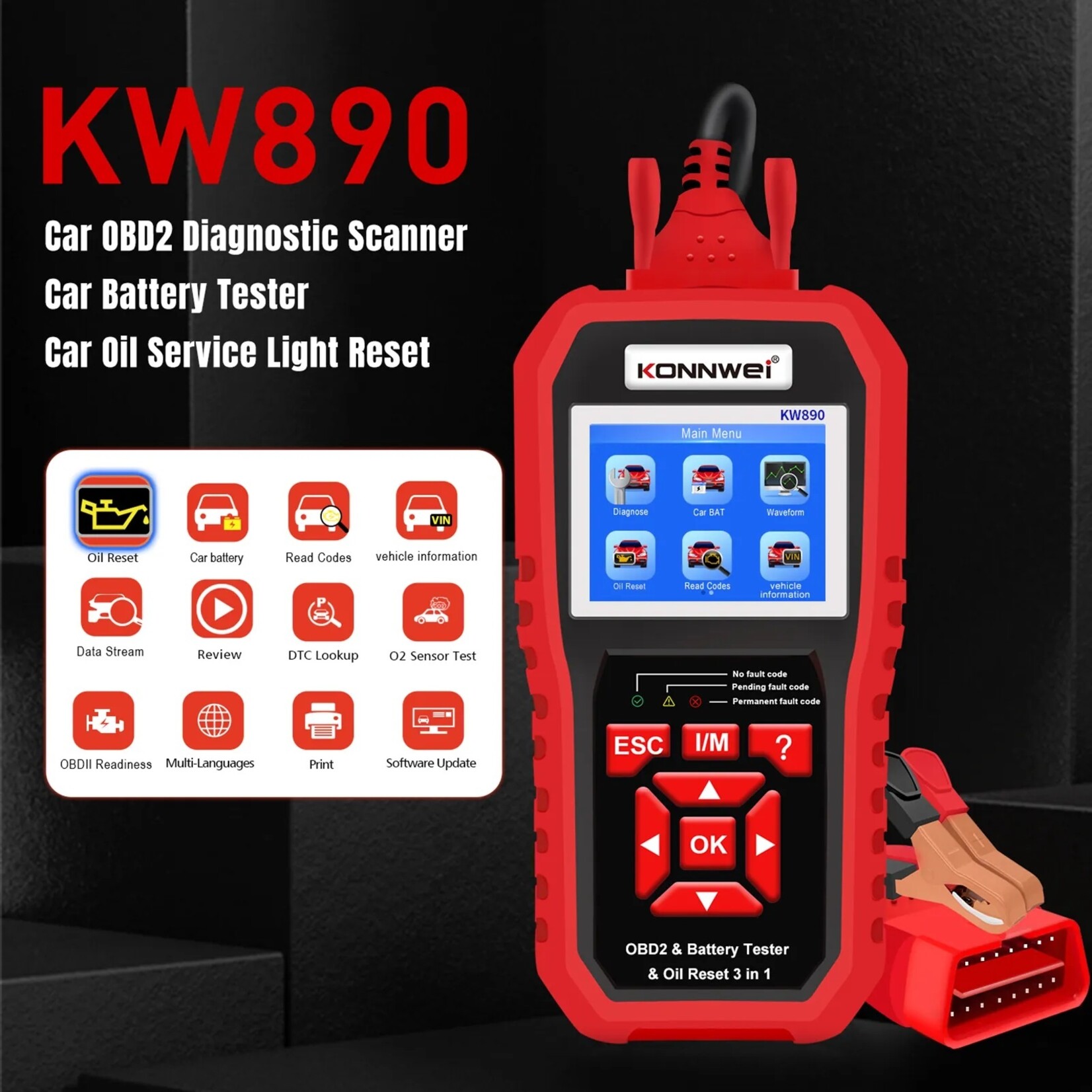 KONNWEI KONNWEI's nieuwe KW890 diagnose-instrument voor autostoringen + auto-accutester + reset van Olie onderhoudslampje