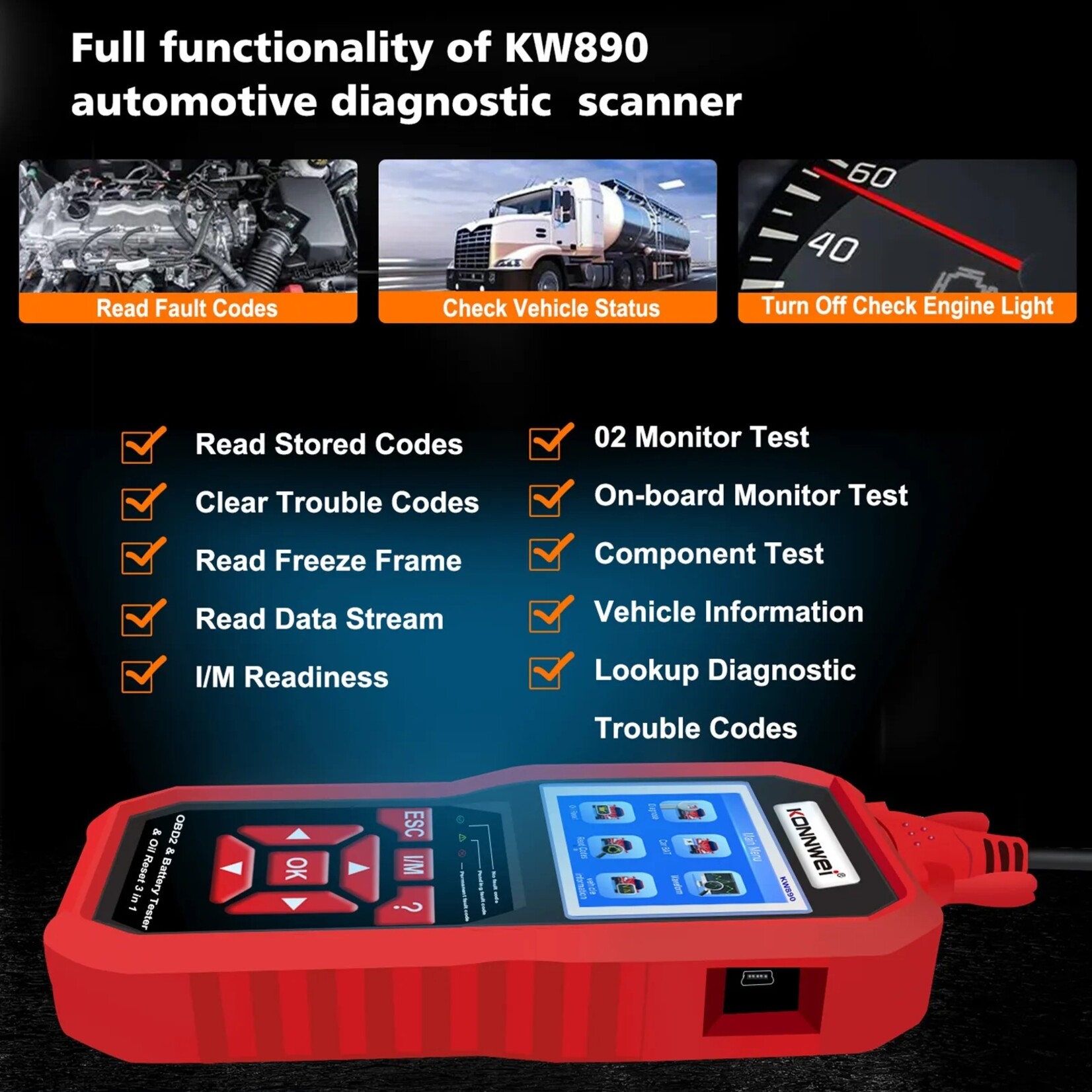 KONNWEI KONNWEI's nieuwe KW890 diagnose-instrument voor autostoringen + auto-accutester + reset van Olie onderhoudslampje
