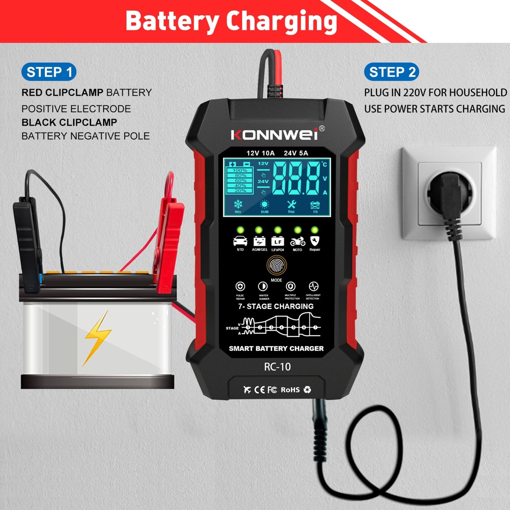 KONNWEI KONNWEI RC-10, 12V 10A & 24V 5A SLIMME AUTOMATISCHE BATTERIJLADER & PULSREPARATIEGEREEDSCHAP