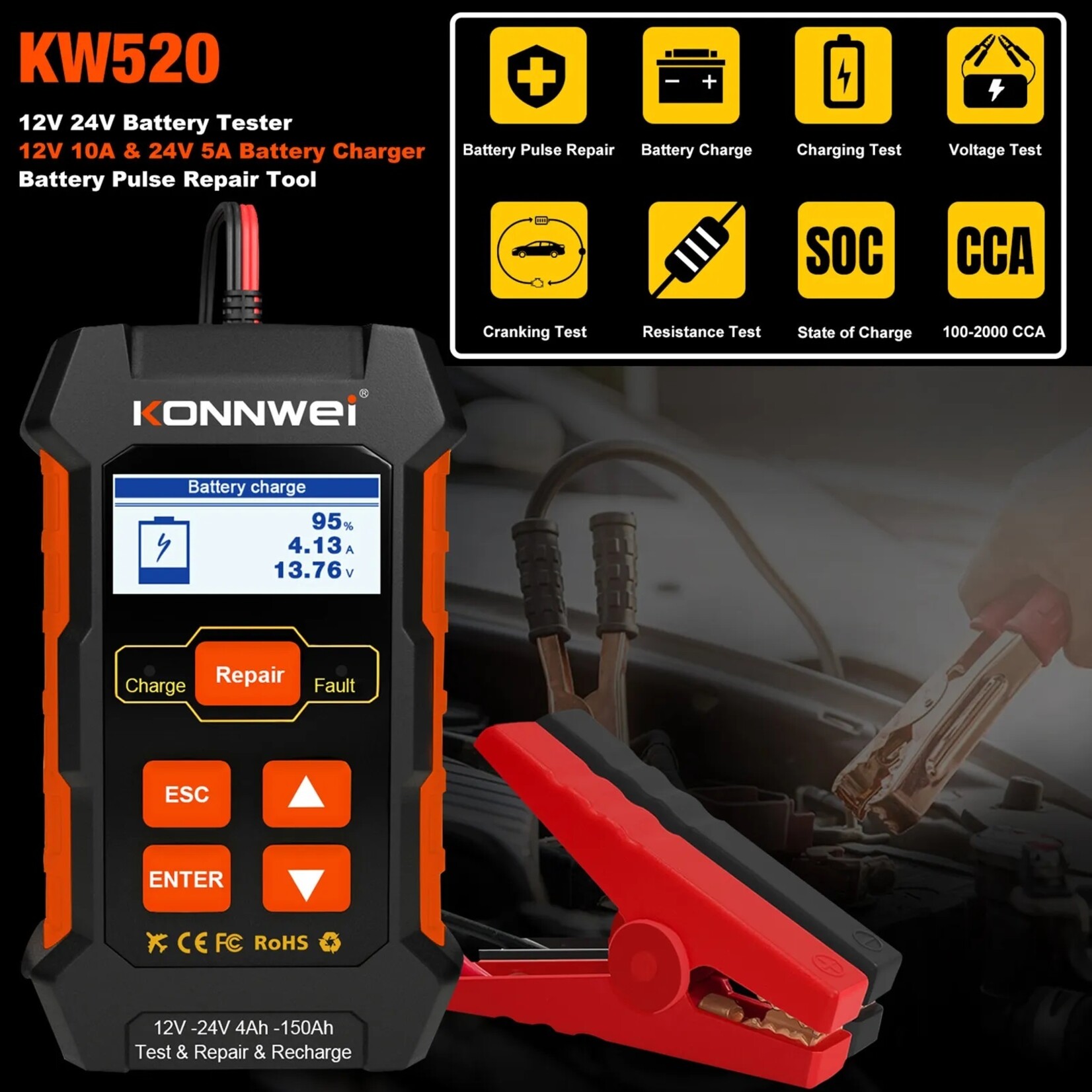 KONNWEI KW520 12V 24V auto-accutester oplader en batterijreparatietool 3 in 1 diagnosescanner 100-2000CCA batterijtester KONNWEI
