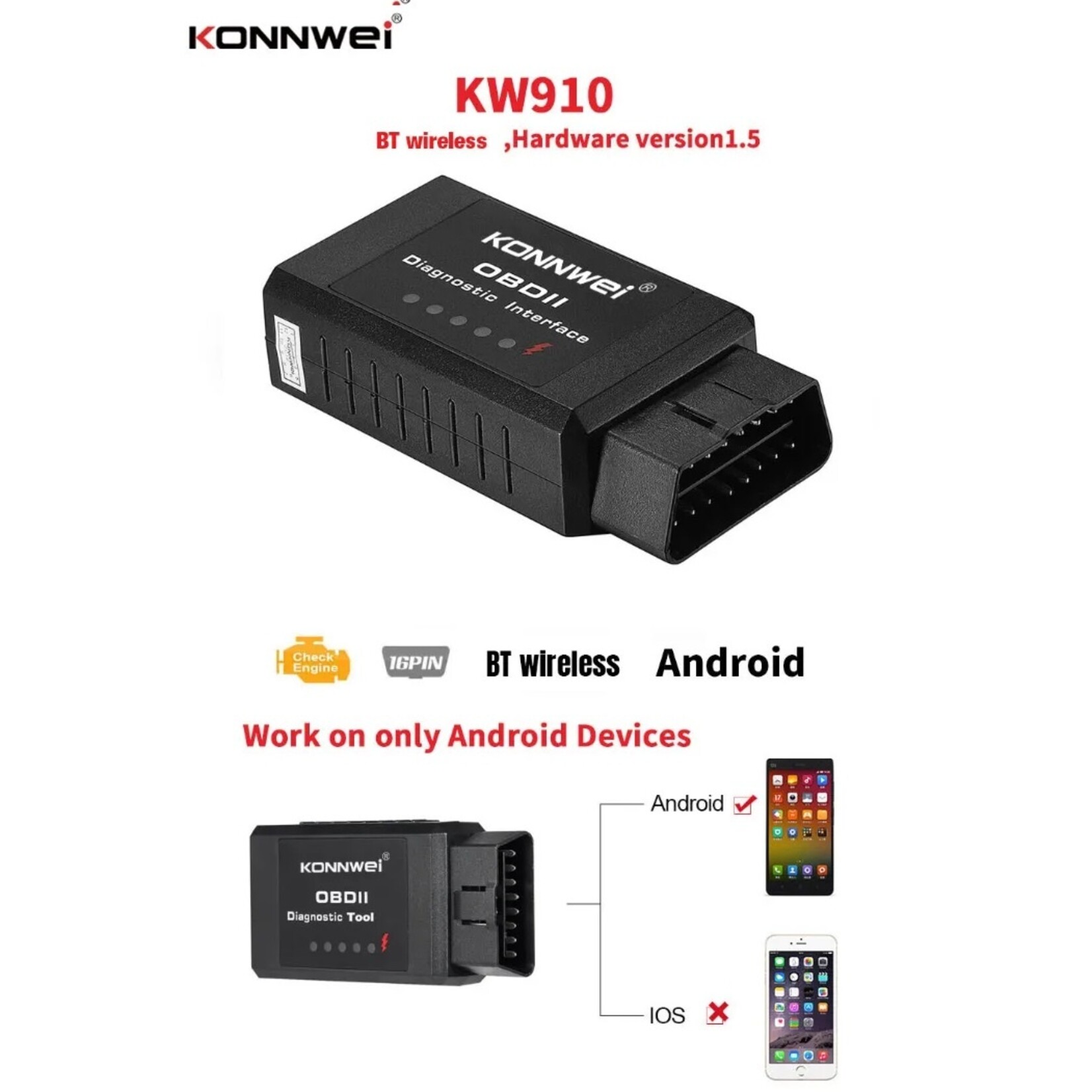 KONNWEI Konnwei kw910 volledig protocol ELM327 OBD2 Bluetooth autofoutdiagnose instrumentdetector