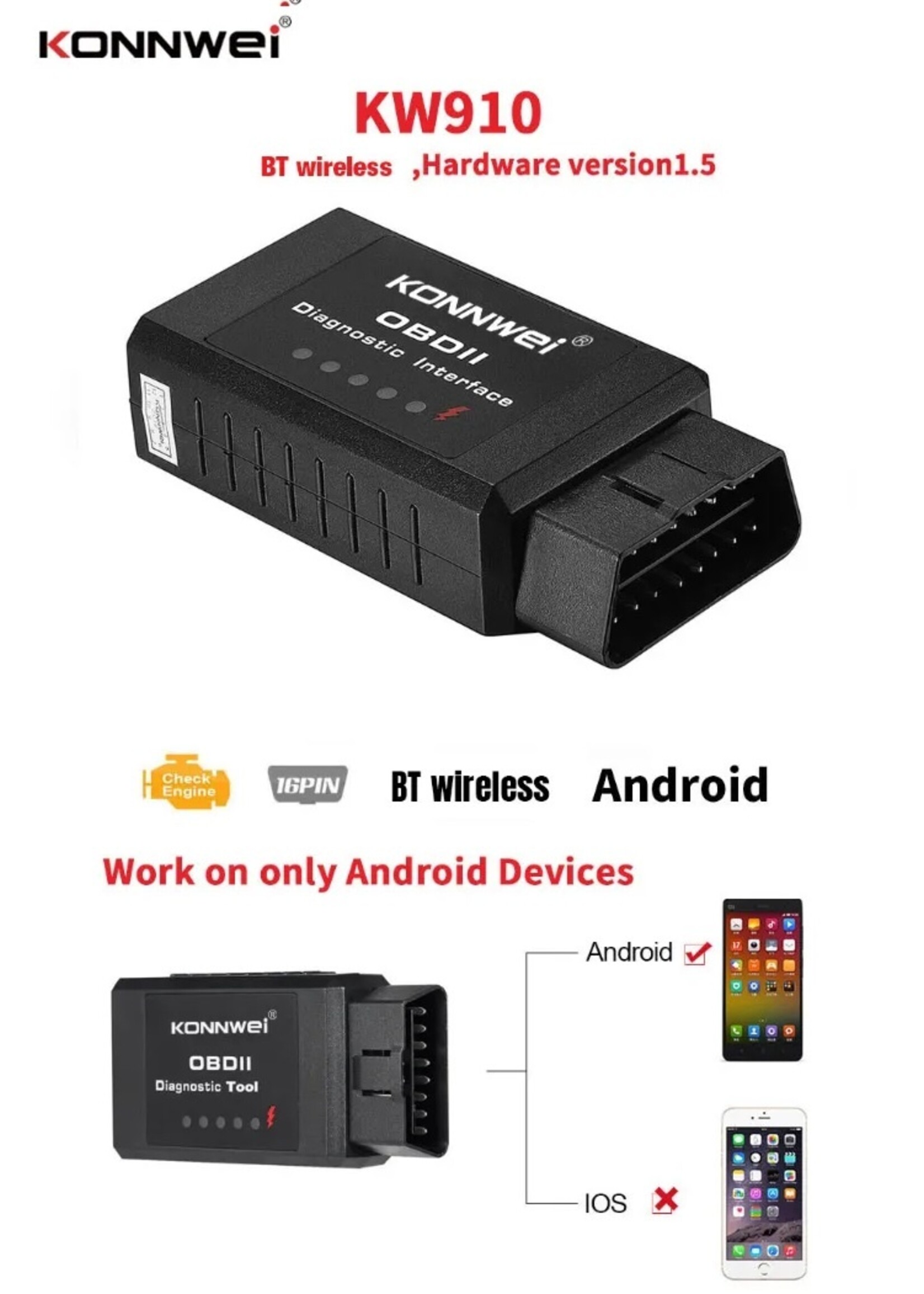 KONNWEI Konnwei kw910 volledig protocol ELM327 OBD2 Bluetooth autofoutdiagnose instrumentdetector