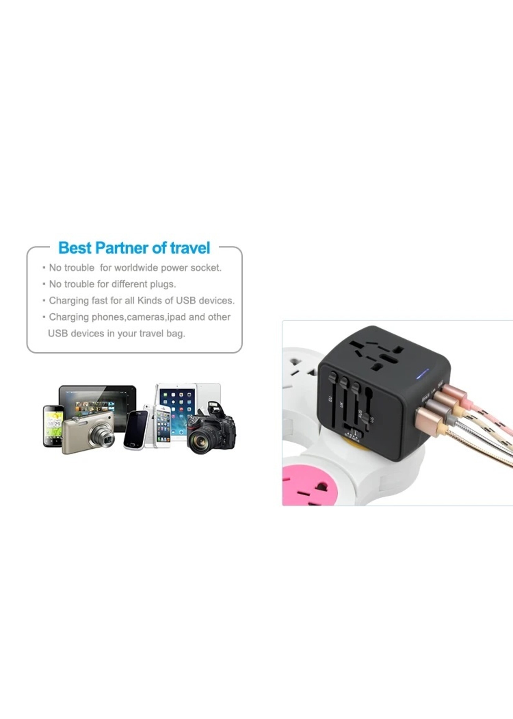 Universele Reislader Adapter Internationale Stopcontact Connector Adapter Reisstekker met 3.4A 4 USB US/EU/AU/UK Plug