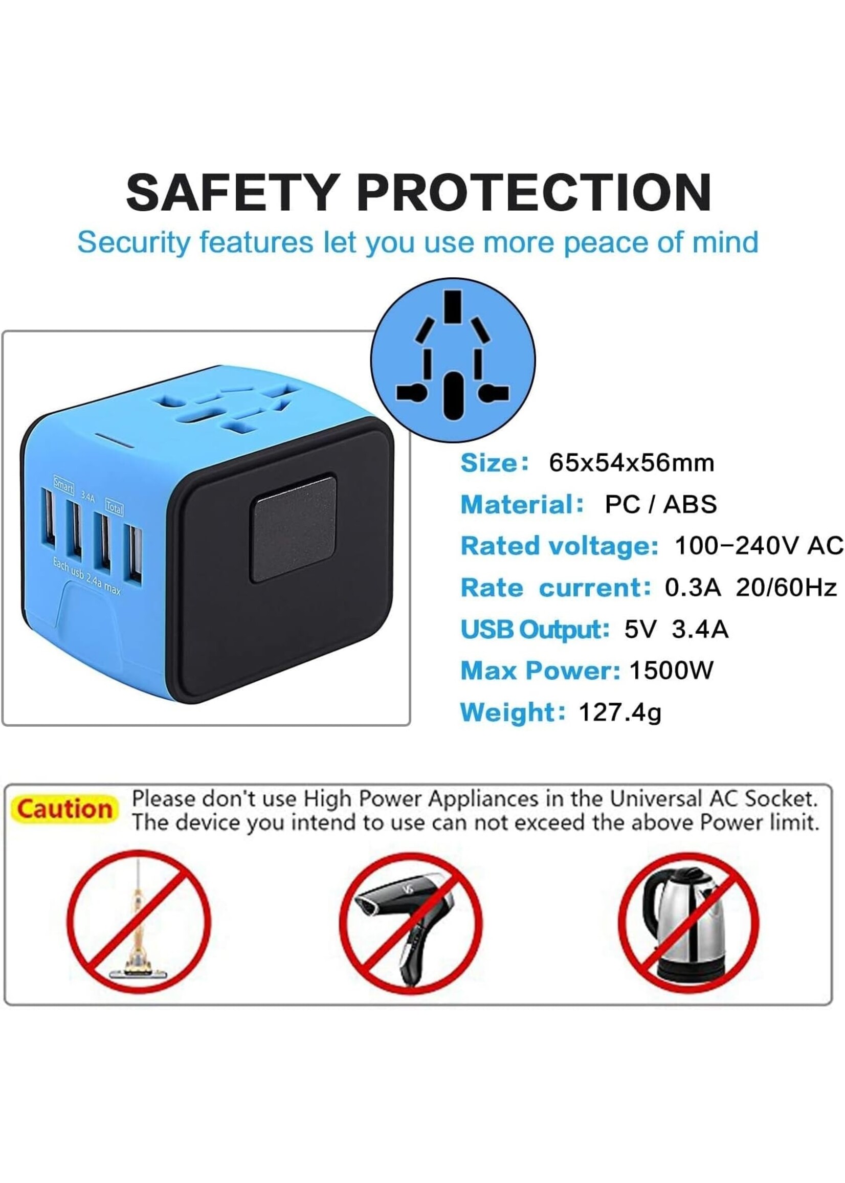 Universele Reislader Adapter Internationale Stopcontact Connector Adapter Reisstekker met 3.4A 4 USB US/EU/AU/UK Plug