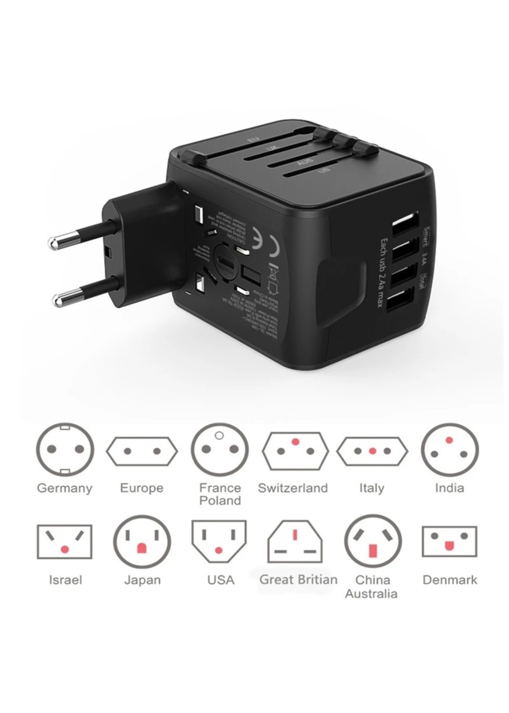 Universele Reislader Adapter Internationale Stopcontact Connector Adapter Reisstekker met 3.4A 4 USB US/EU/AU/UK Plug