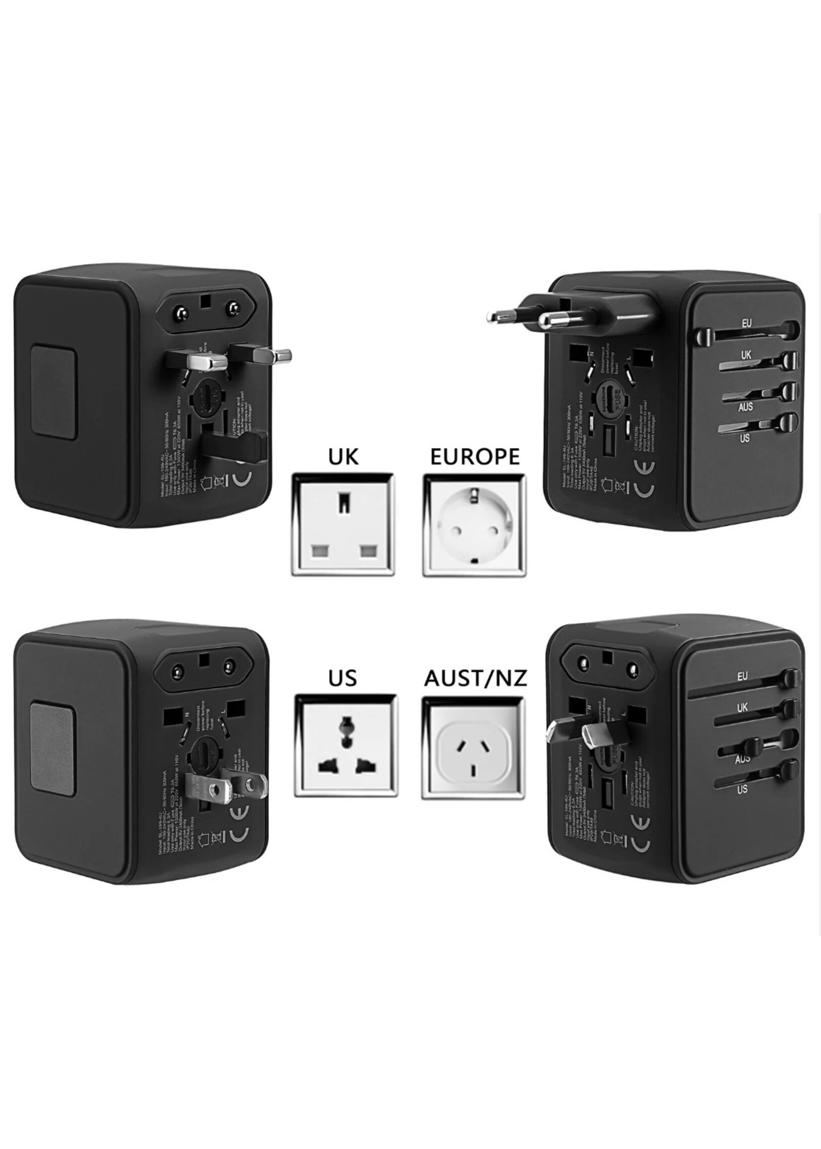 Universele Reislader Adapter Internationale Stopcontact Connector Adapter Reisstekker met 3.4A 4 USB US/EU/AU/UK Plug