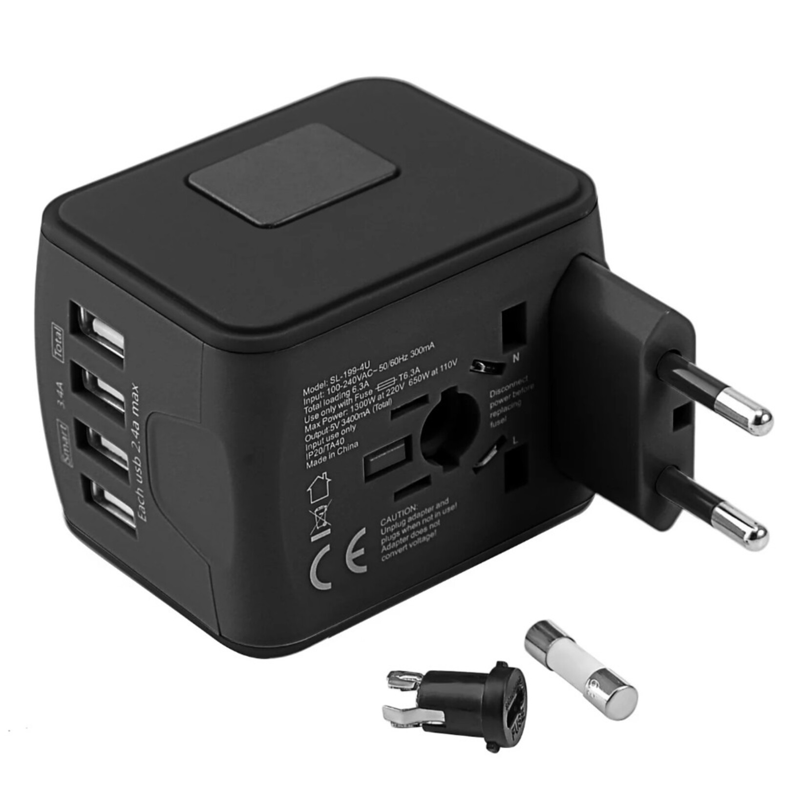 Universele Reislader Adapter Internationale Stopcontact Connector Adapter Reisstekker met 3.4A 4 USB US/EU/AU/UK Plug